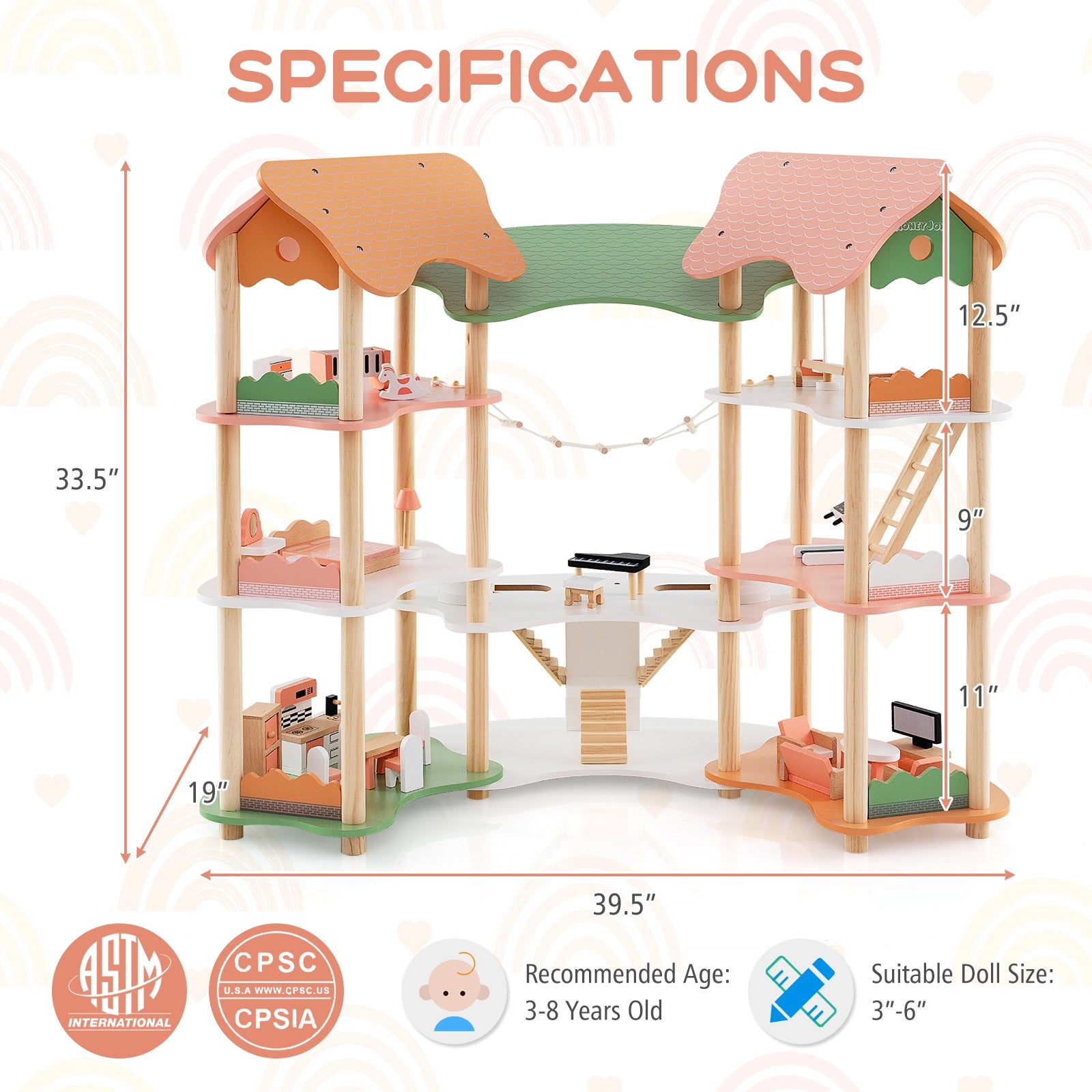 3-Tier Wooden Dollhouse for Kids Aged 3-8 Years Old with 32 Pieces of Accessories, Multicolor Play Tents & Playhouse   at Gallery Canada