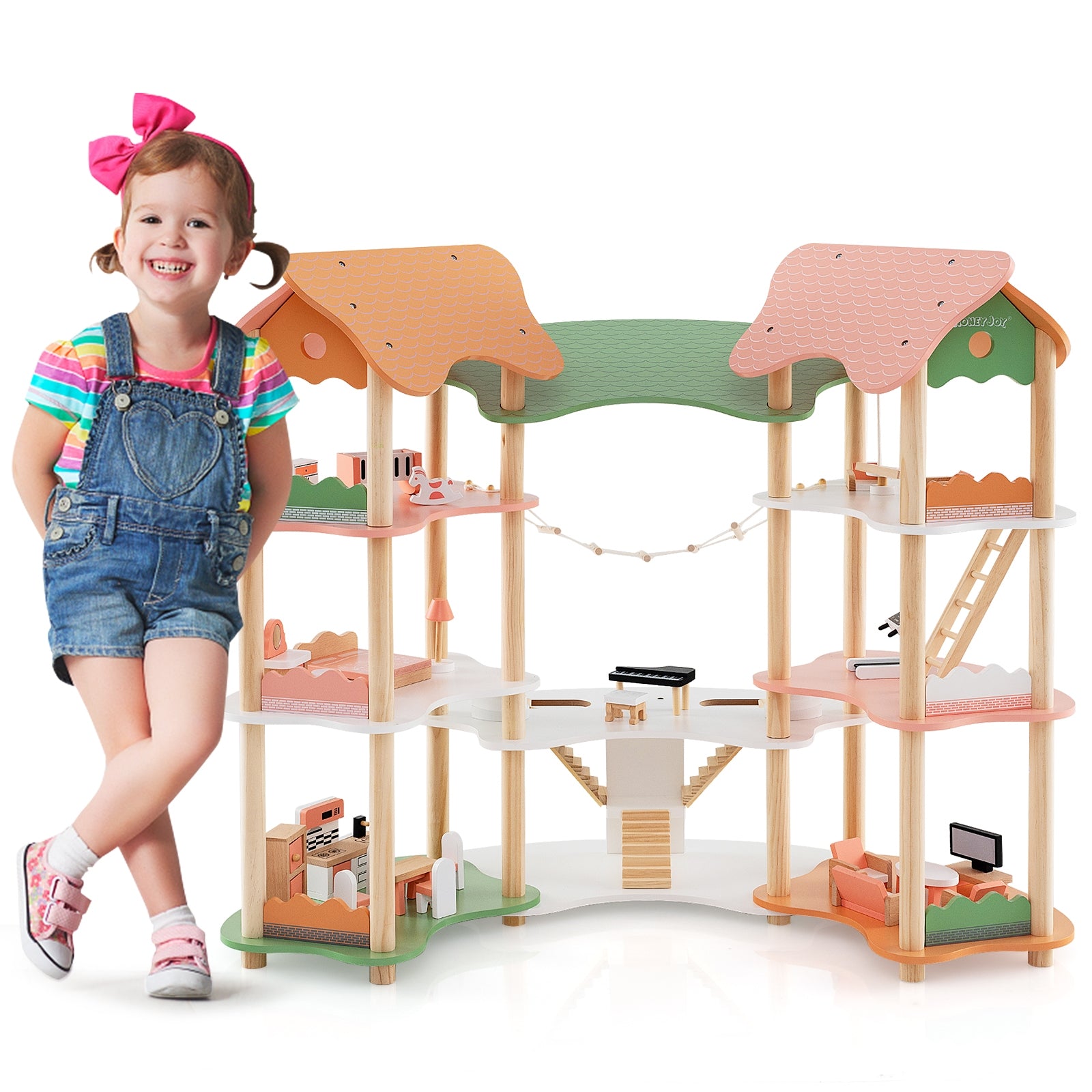 3-Tier Wooden Dollhouse for Kids Aged 3-8 Years Old with 32 Pieces of Accessories, Multicolor Play Tents & Playhouse   at Gallery Canada