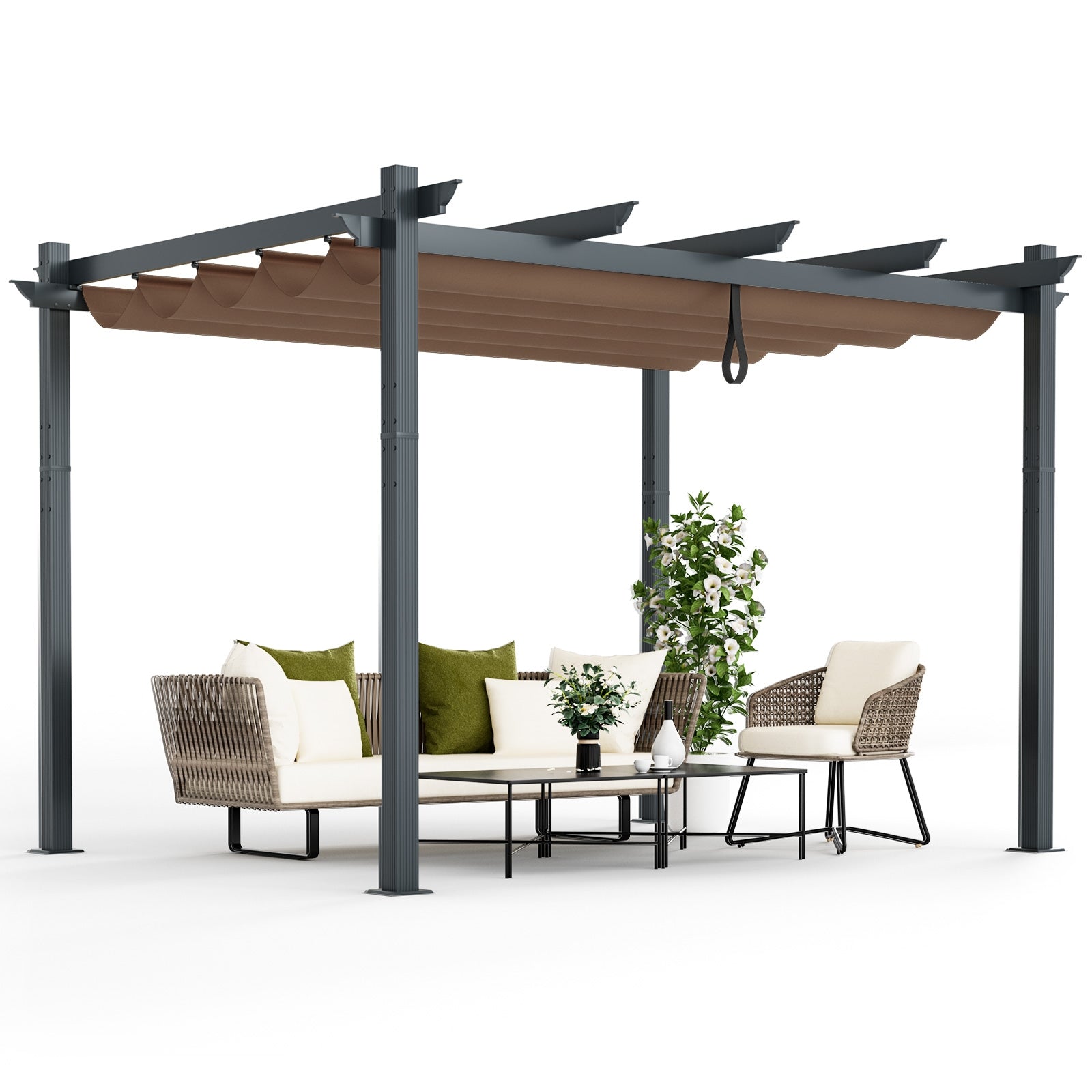 10 x 12 Feet Outdoor Aluminum Retractable Pergola Canopy Shelter Grape Trellis, Coffee Gazebos   at Gallery Canada