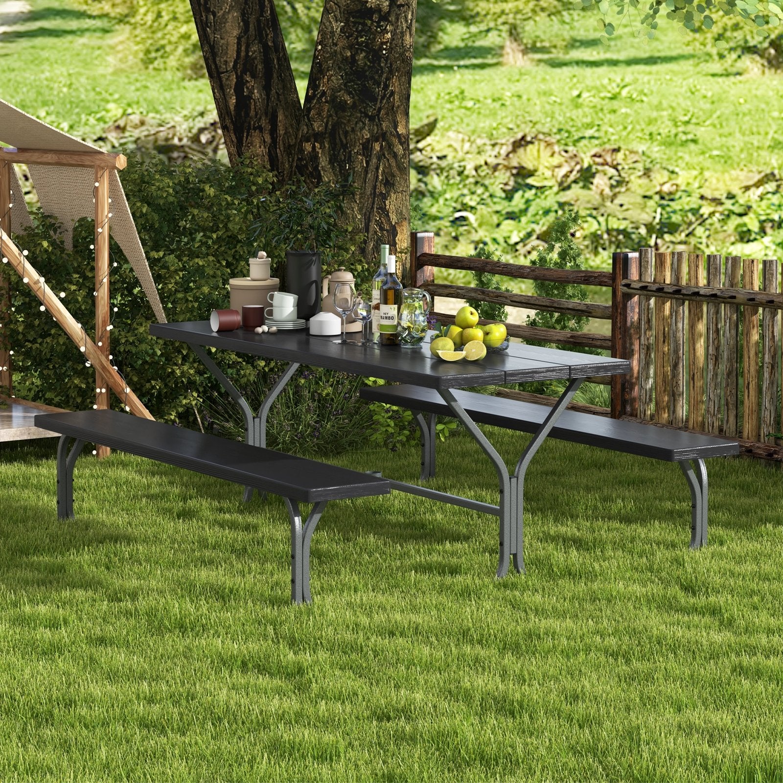 6 Feet Picnic Table Bench Set with HDPE Tabletop for 8 Person, Black Picnic Tables   at Gallery Canada