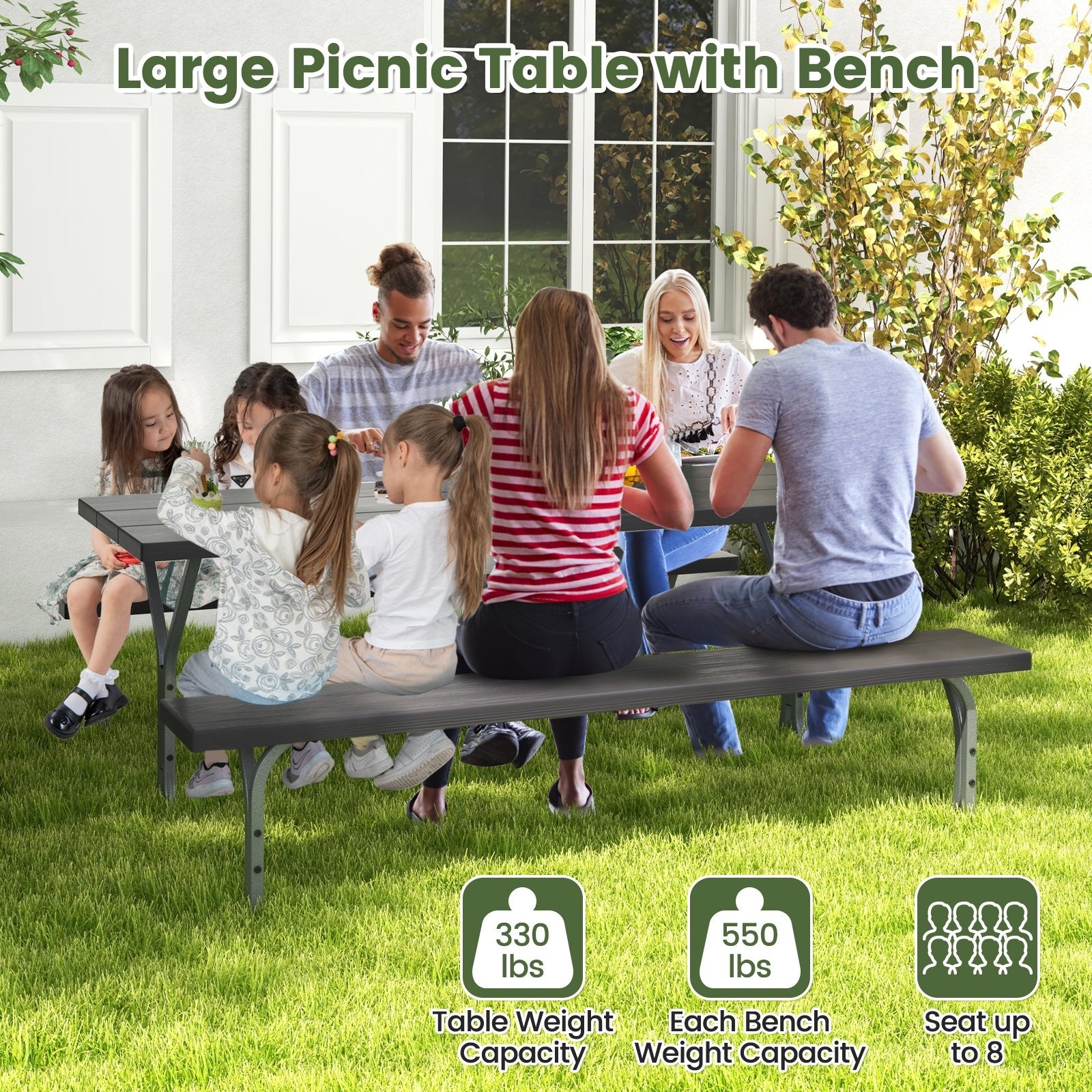 6 Feet Picnic Table Bench Set with HDPE Tabletop for 8 Person, Black Picnic Tables   at Gallery Canada