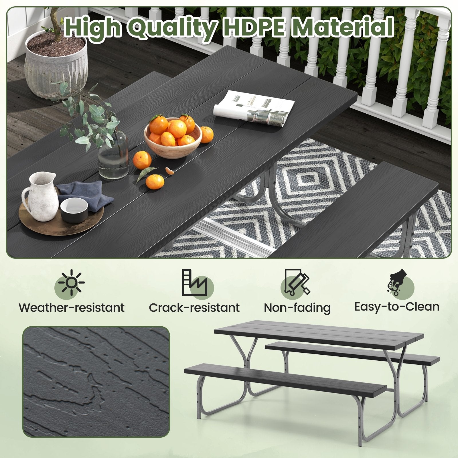 6 Feet Picnic Table Bench Set with HDPE Tabletop for 8 Person, Black Picnic Tables   at Gallery Canada