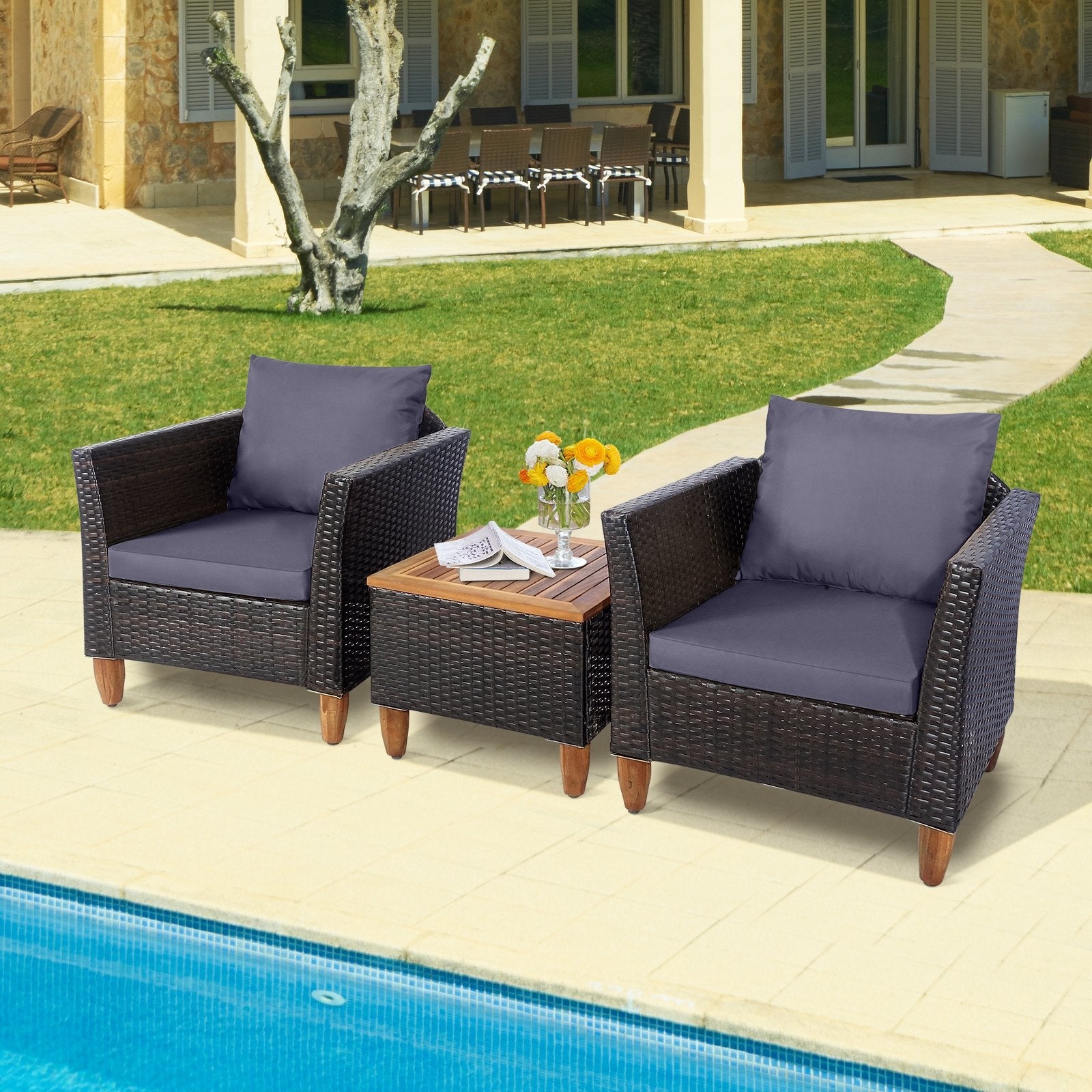 3 Pieces Outdoor Patio Wicker Furniture Set with Cushions and Acacia Wood Coffee Table, Gray Patio Conversation Sets   at Gallery Canada