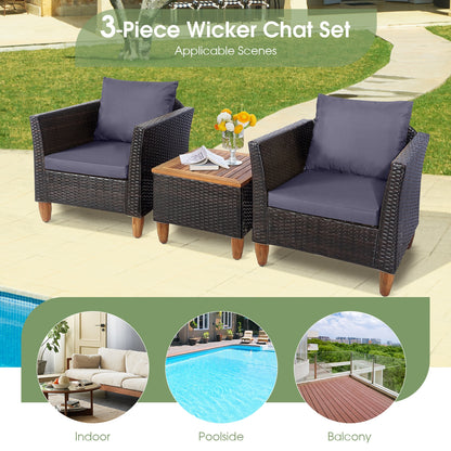 3 Pieces Outdoor Patio Wicker Furniture Set with Cushions and Acacia Wood Coffee Table, Gray Patio Conversation Sets   at Gallery Canada