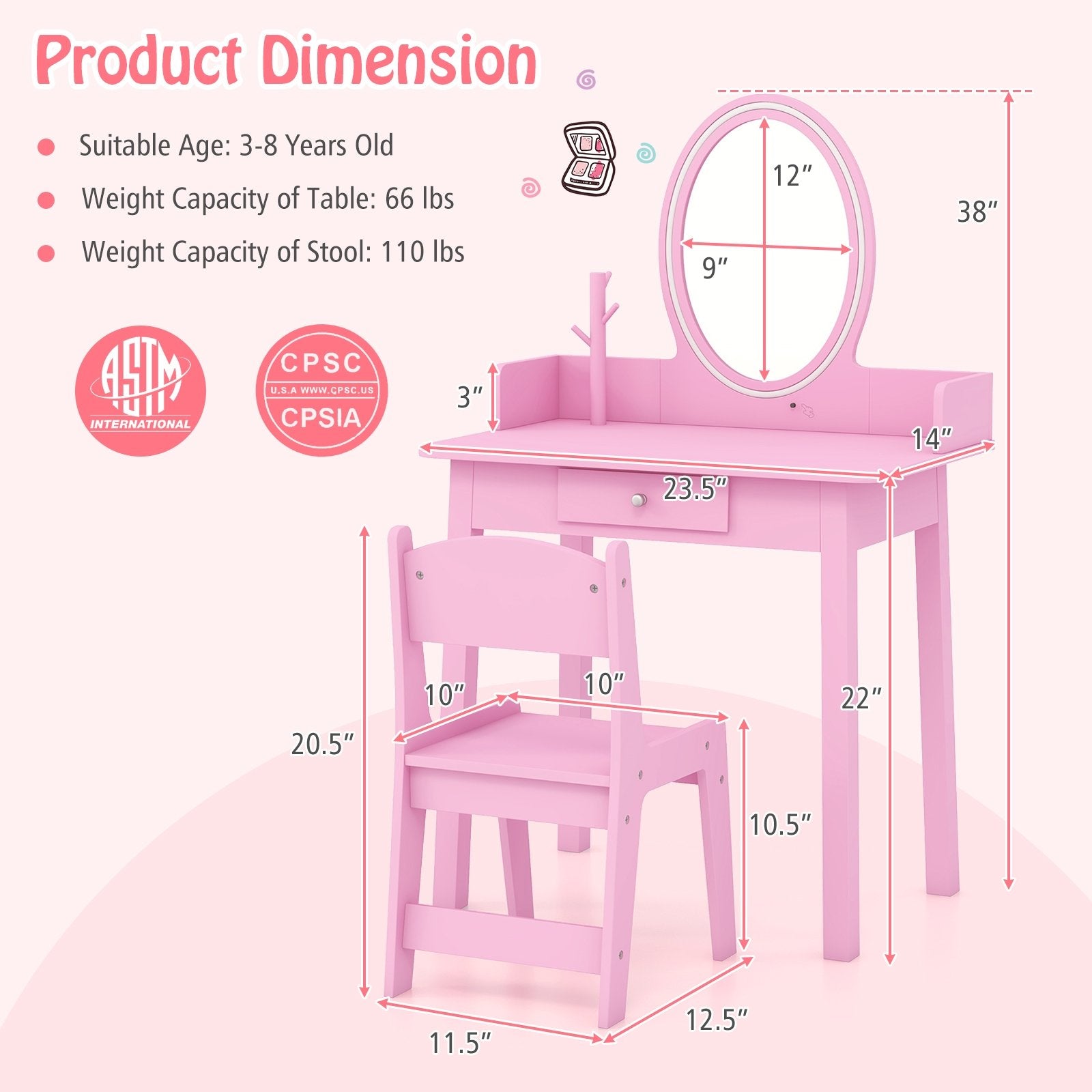 Kids Vanity Set with Lighted Mirror, Pink Kids Vanities   at Gallery Canada