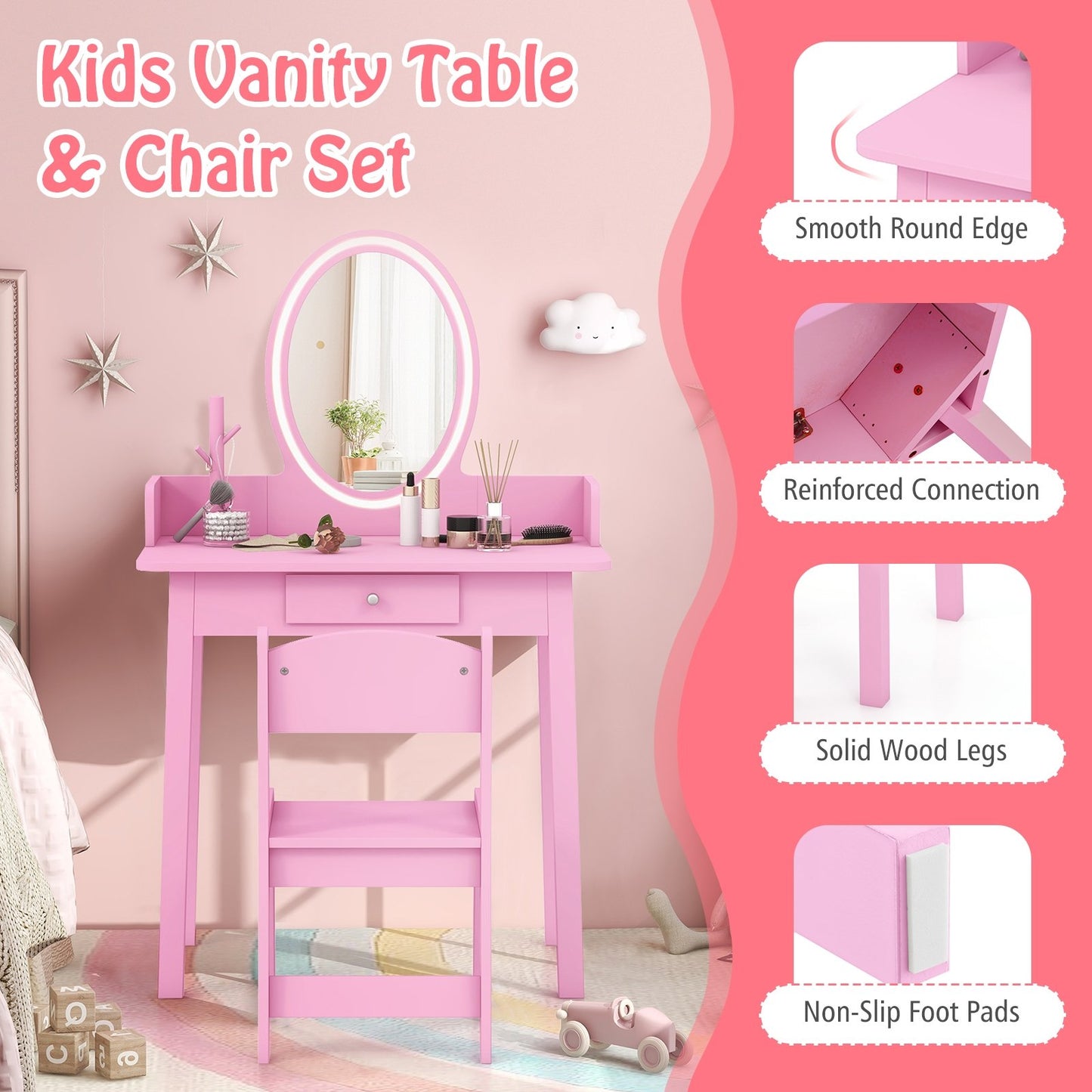 Kids Vanity Set with Lighted Mirror, Pink Kids Vanities   at Gallery Canada