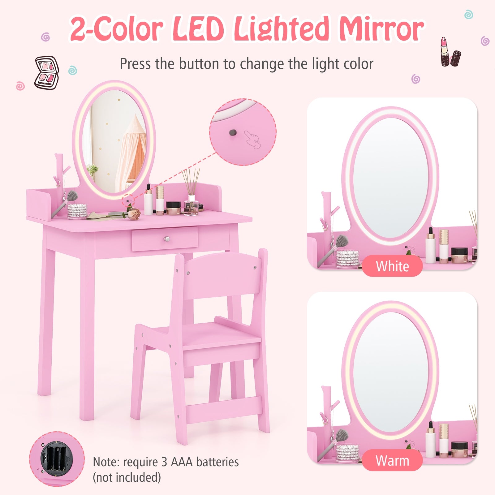 Kids Vanity Set with Lighted Mirror, Pink Kids Vanities   at Gallery Canada