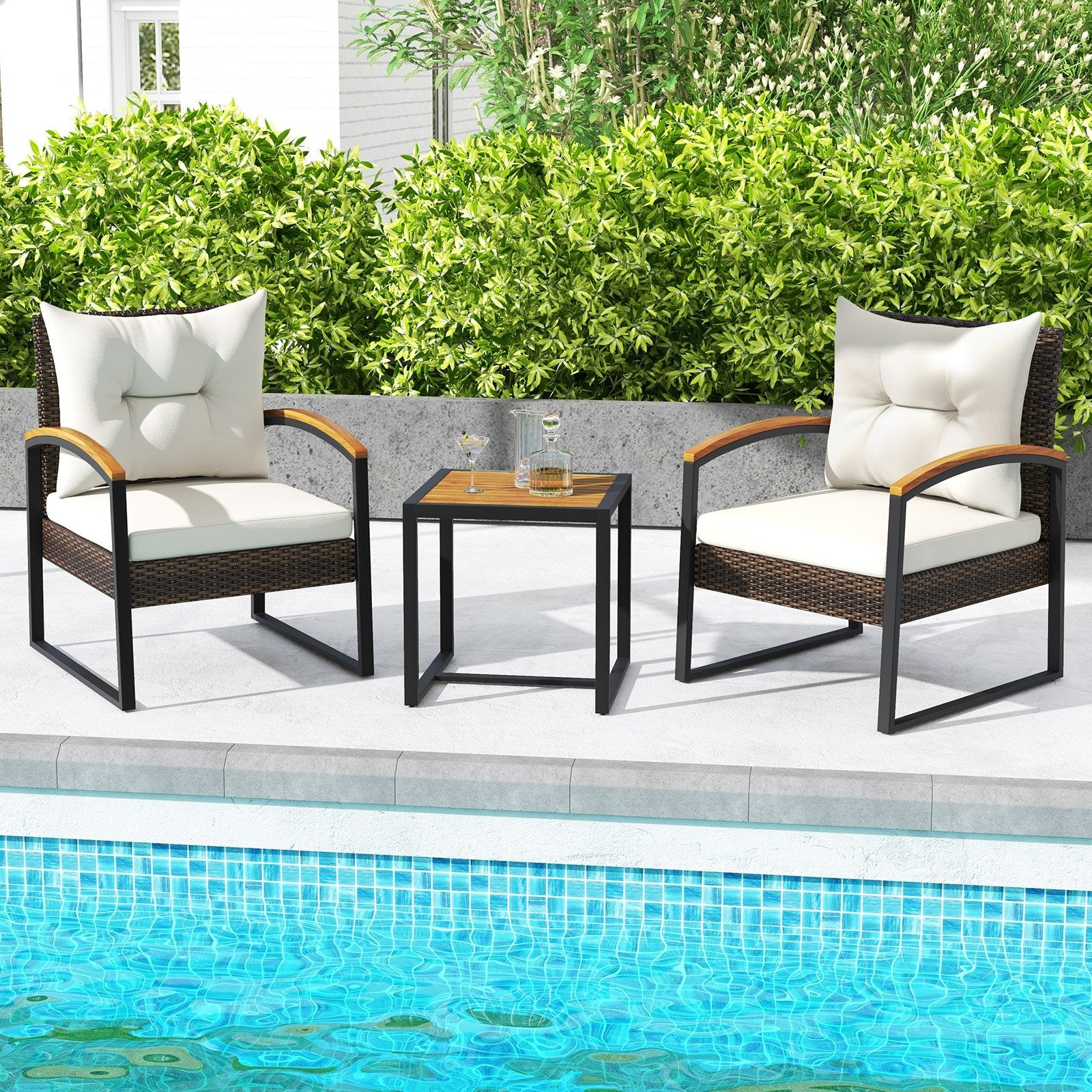 3 Piece Patio Conversation Set with Solid Acacia Wood  Armrests and Tabletop, White Patio Conversation Sets   at Gallery Canada