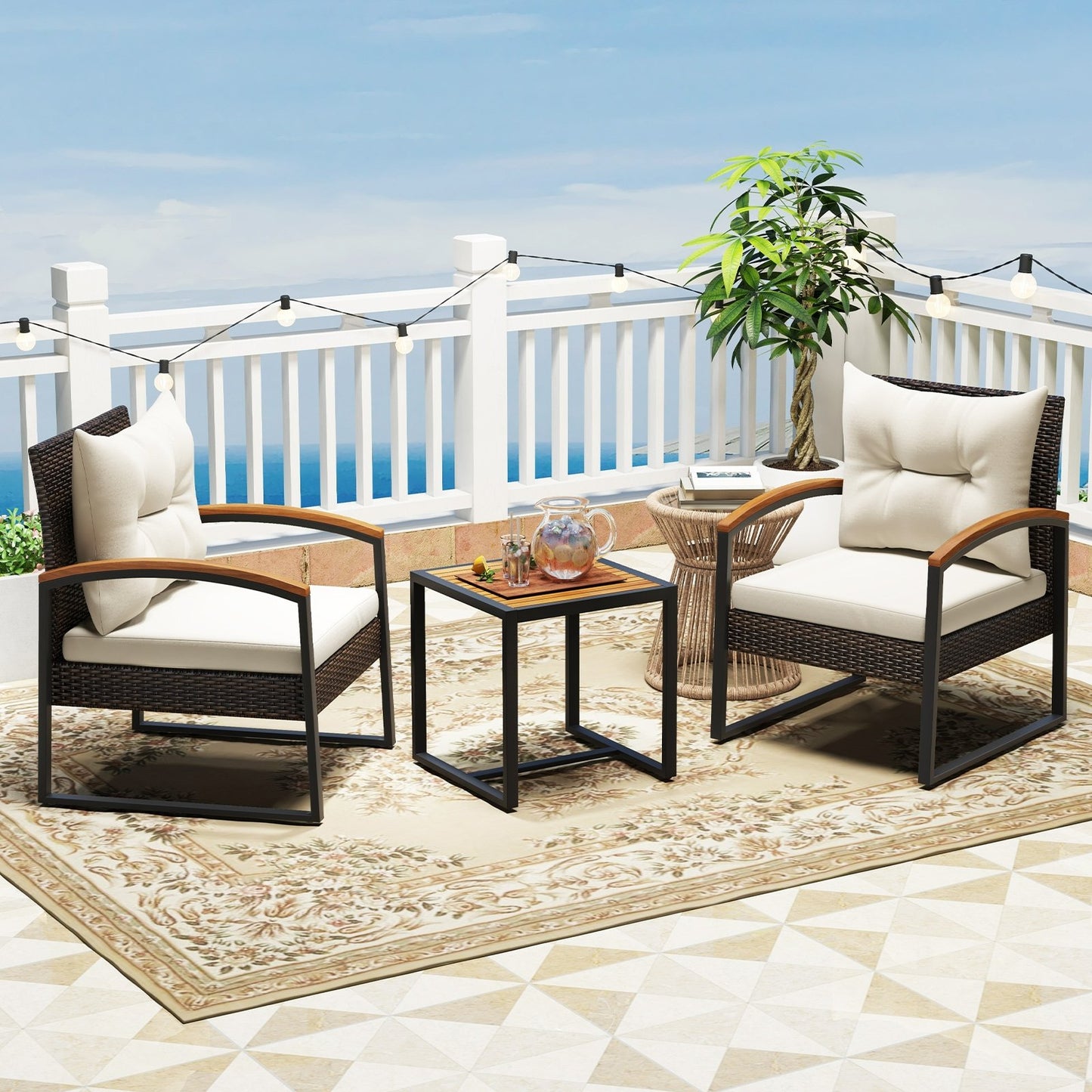 3 Piece Patio Conversation Set with Solid Acacia Wood  Armrests and Tabletop, White Patio Conversation Sets   at Gallery Canada