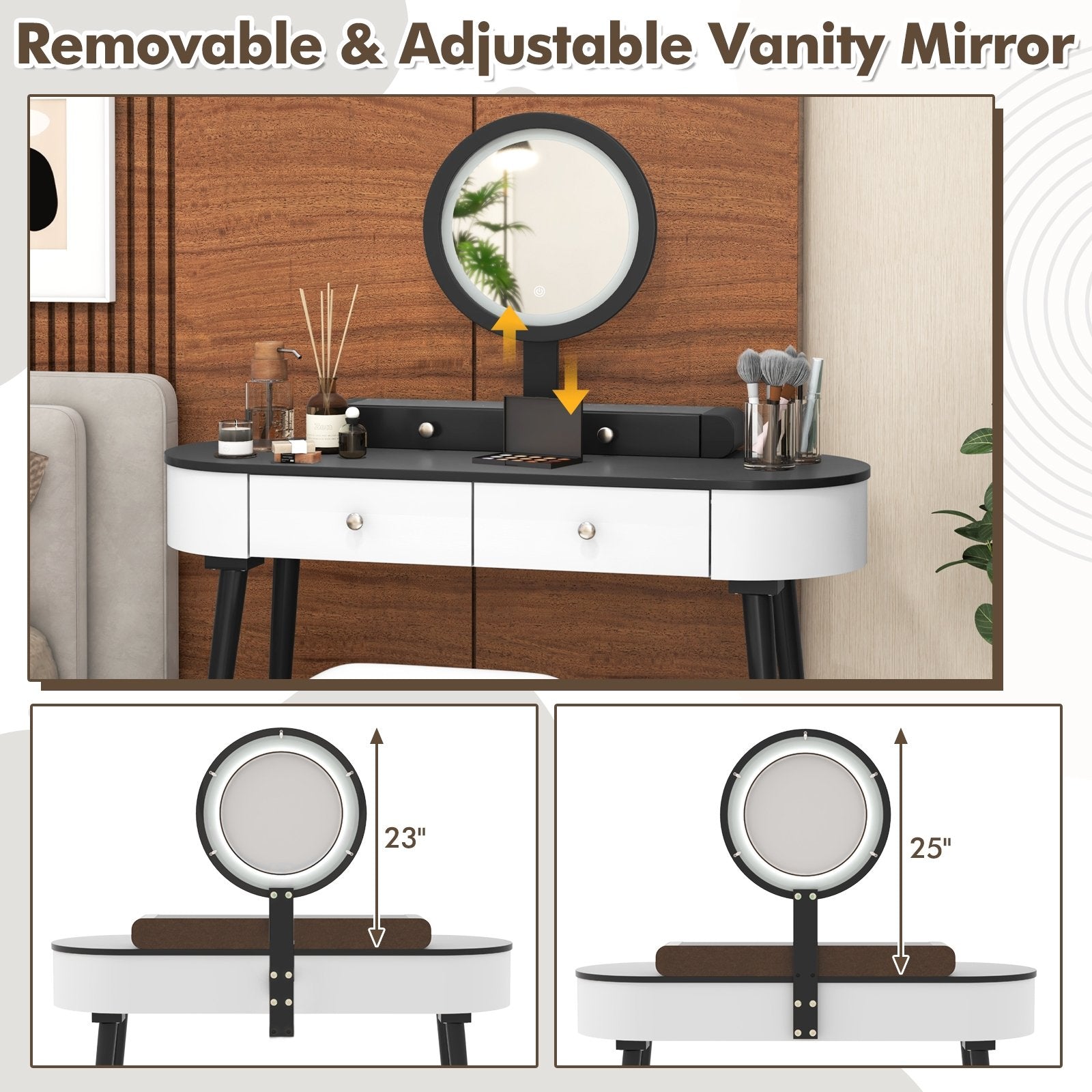 Makeup Vanity Table Set with LED Mirror and 3 Spacious Drawers-White-Dark Wood, White-Dark Wood Makeup Vanities   at Gallery Canada