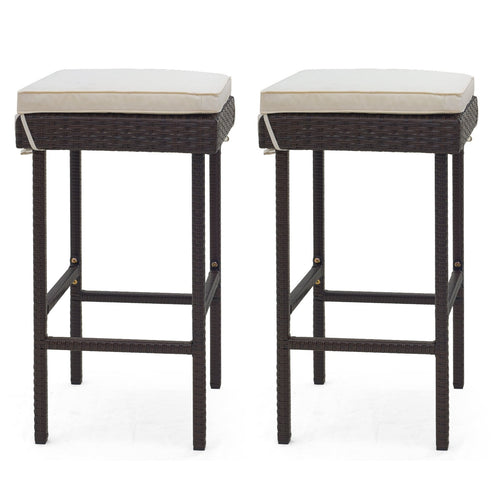 Patio Rattan Barstools Set of 2/4 with Footrest and Soft Cushions for Backyard Balcony-2 Pieces, Off White