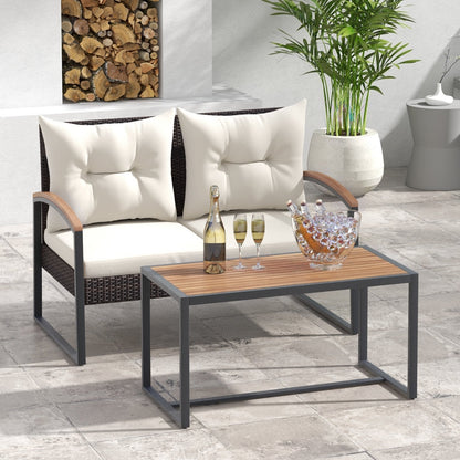 2 Pieces Patio PE Wicker Furniture Set with Acacia Wood Coffee Table, White Patio Conversation Sets   at Gallery Canada