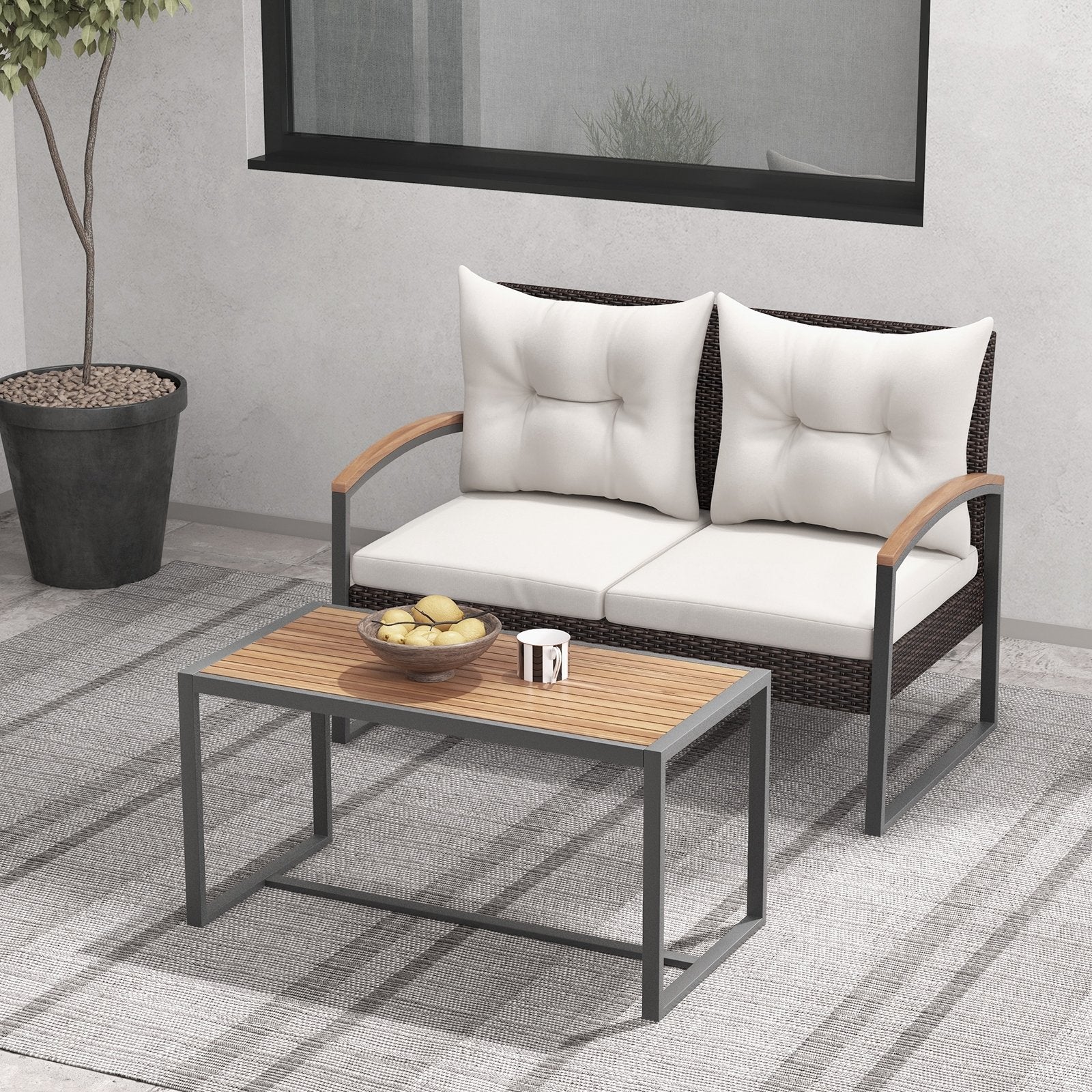 2 Pieces Patio PE Wicker Furniture Set with Acacia Wood Coffee Table, White Patio Conversation Sets   at Gallery Canada