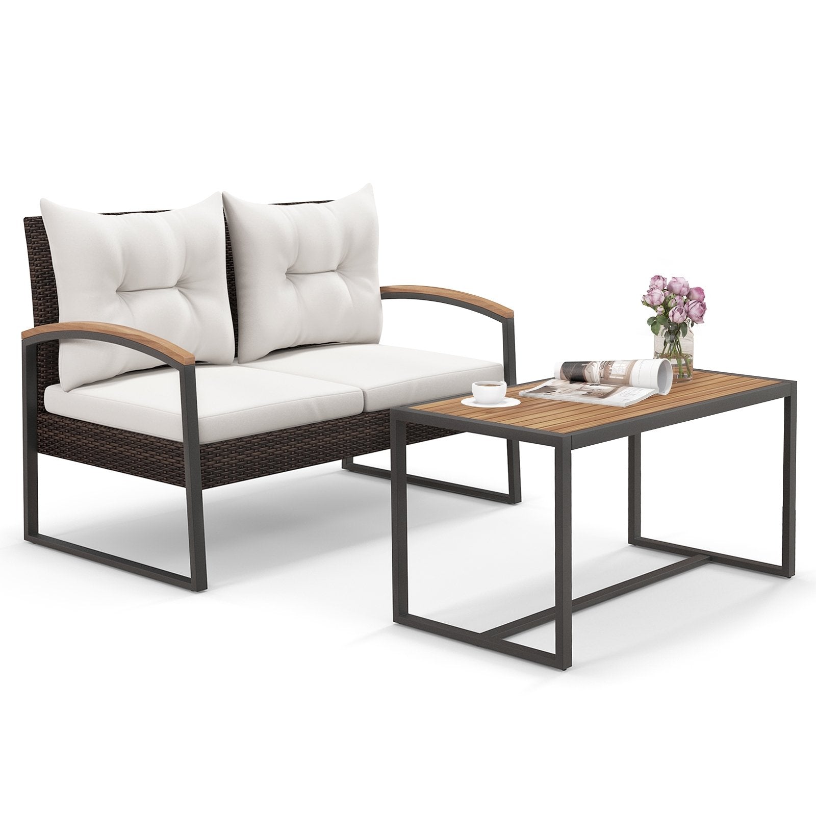 2 Pieces Patio PE Wicker Furniture Set with Acacia Wood Coffee Table, White Patio Conversation Sets   at Gallery Canada