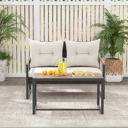 2 Pieces Patio PE Wicker Furniture Set with Acacia Wood Coffee Table, White Patio Conversation Sets   at Gallery Canada