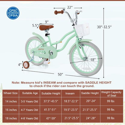 18 Inch Kids Bike with Adjustable Seat and Bell for Kids 3-8 Years Olds-18 inches, Green Kids Bike   at Gallery Canada