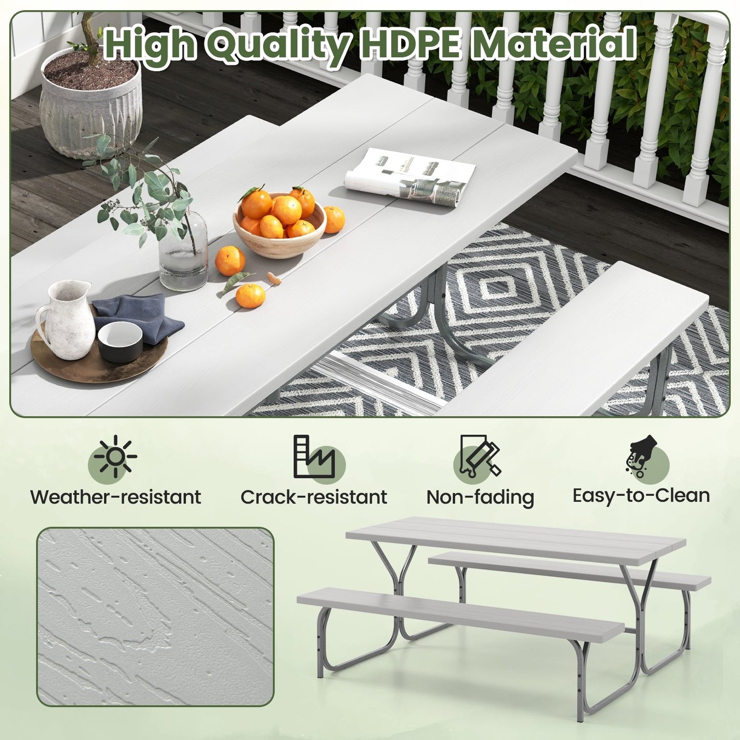 6 Feet Picnic Table Bench Set with HDPE Tabletop for 8 Person, Gray Picnic Tables   at Gallery Canada