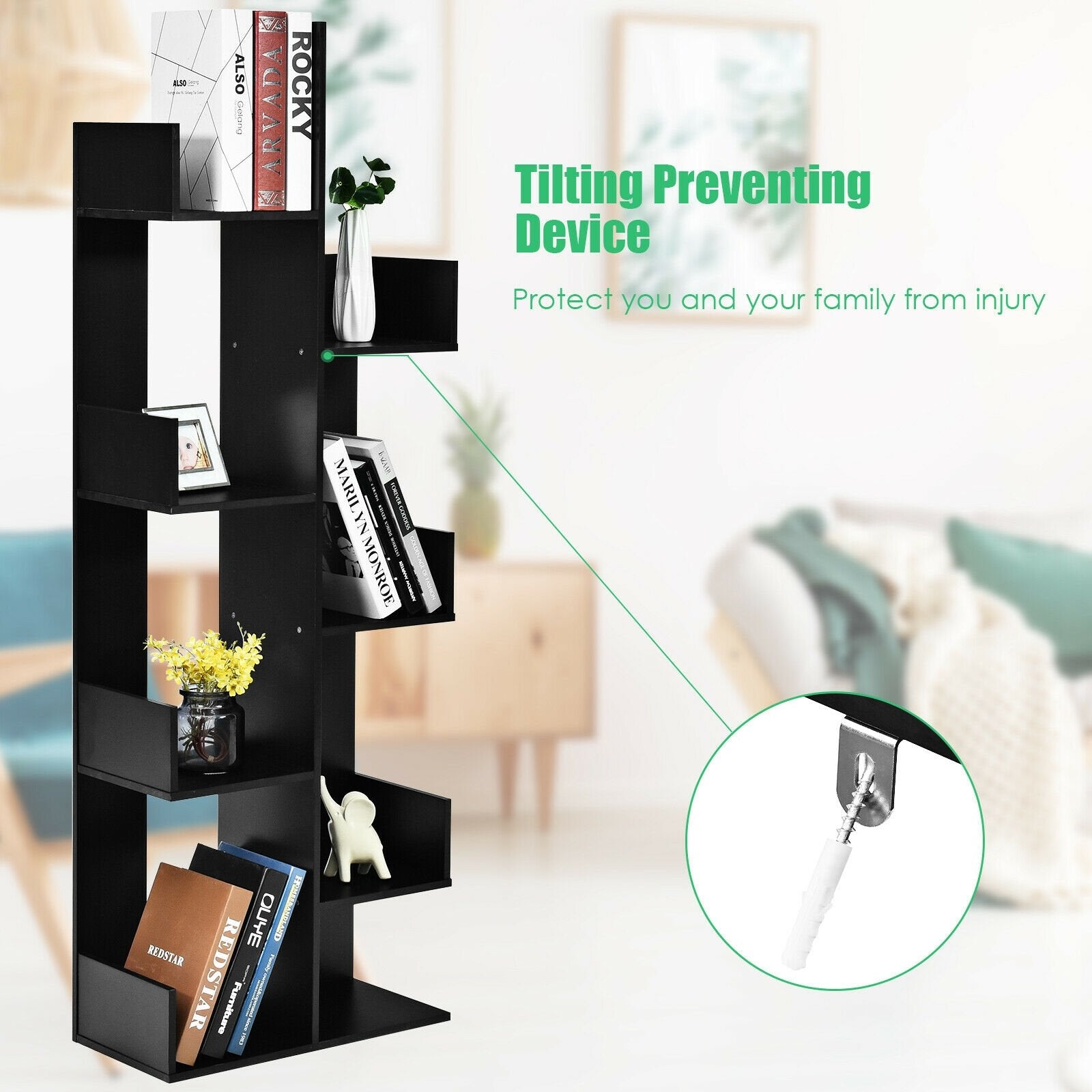 8-Tier Bookshelf Bookcase with 8 Open Compartments Space-Saving Storage Rack , Black Bookcases   at Gallery Canada