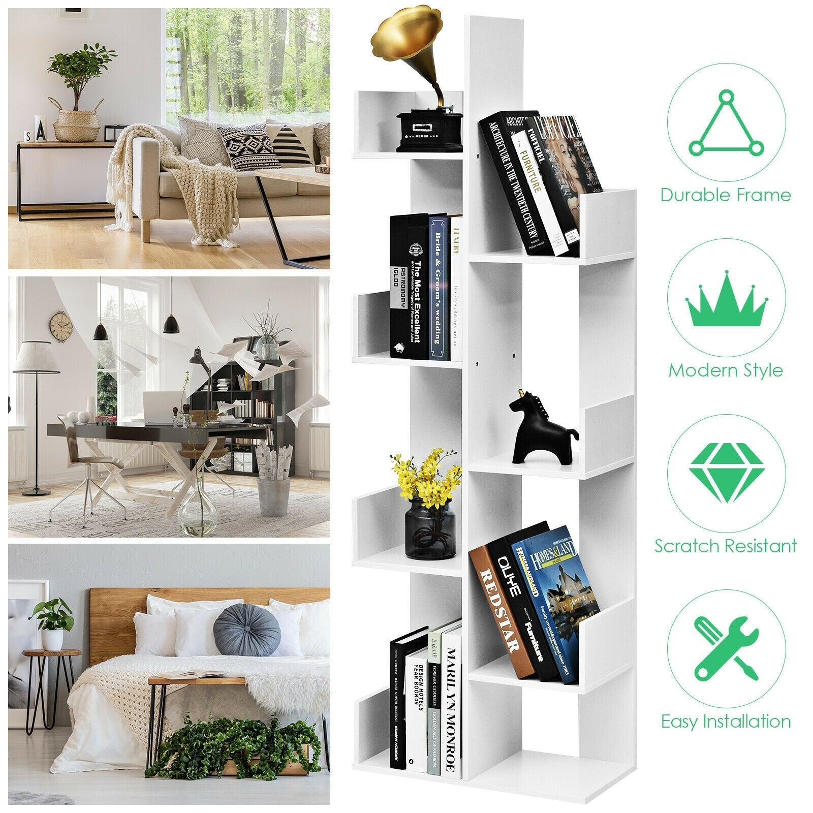 8-Tier Bookshelf Bookcase with 8 Open Compartments Space-Saving Storage Rack , White Bookcases   at Gallery Canada