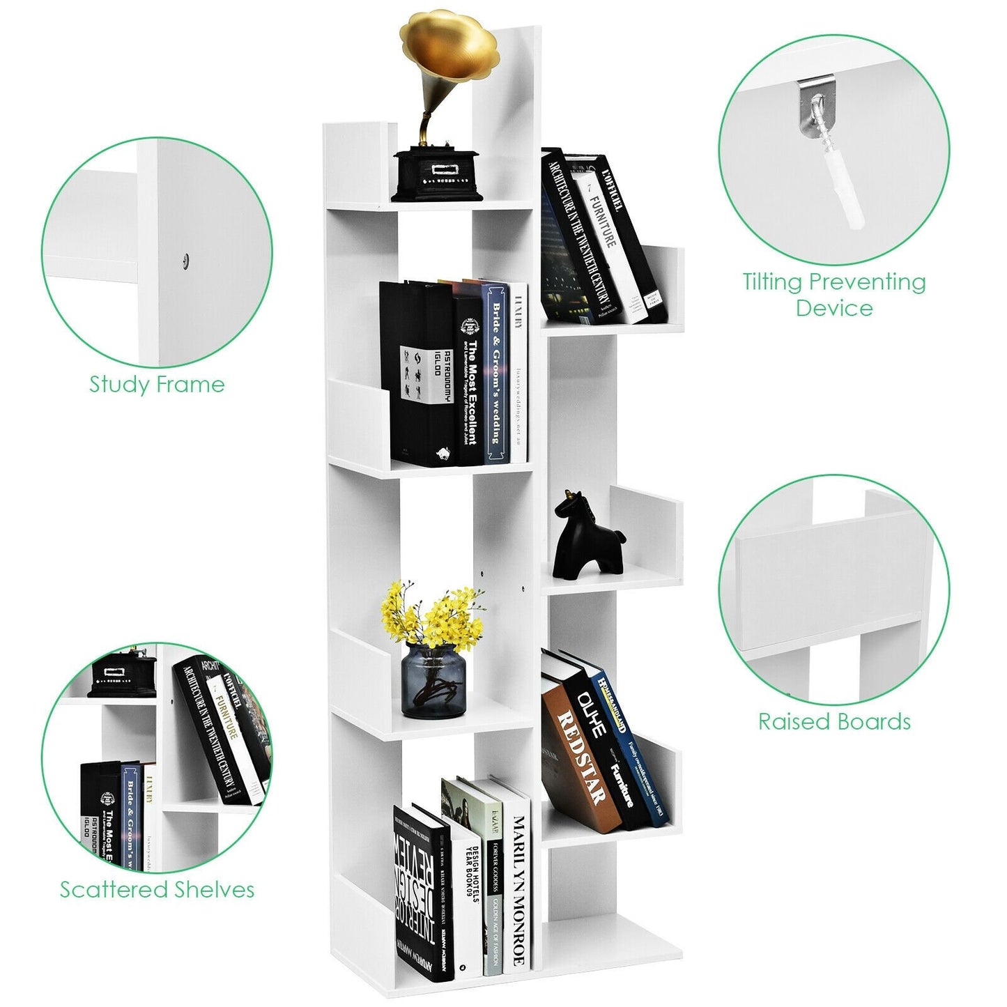 8-Tier Bookshelf Bookcase with 8 Open Compartments Space-Saving Storage Rack , White Bookcases   at Gallery Canada