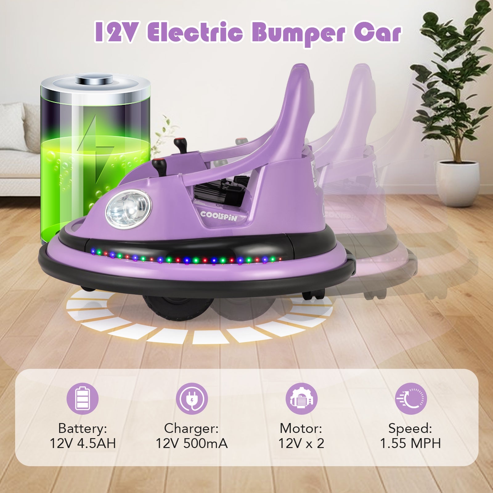 12V Kids Ride On Bumper Car with Remote Control and Dual Joysticks, Purple Powered Ride On Toys   at Gallery Canada