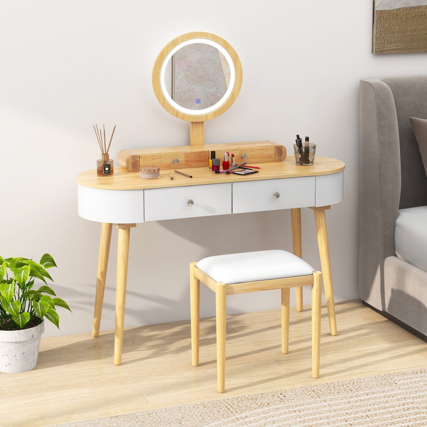 Makeup Vanity Table Set with LED Mirror and 3 Spacious Drawers-White-Natural Wood, White-Natural Wood Makeup Vanities   at Gallery Canada