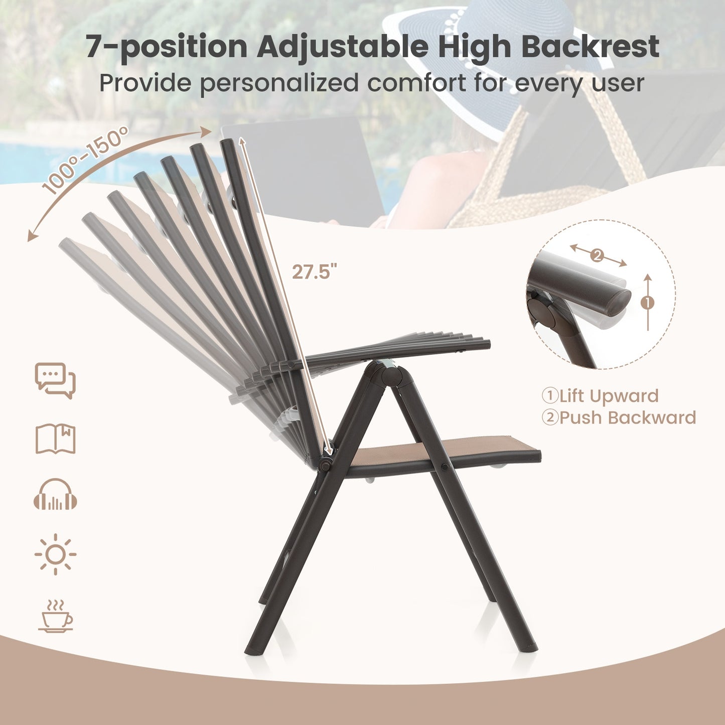 Patio Folding Dining Chairs Set of 2 with 7-Level Adjustable High Backrest, Coffee Beach & Lawn Chairs   at Gallery Canada