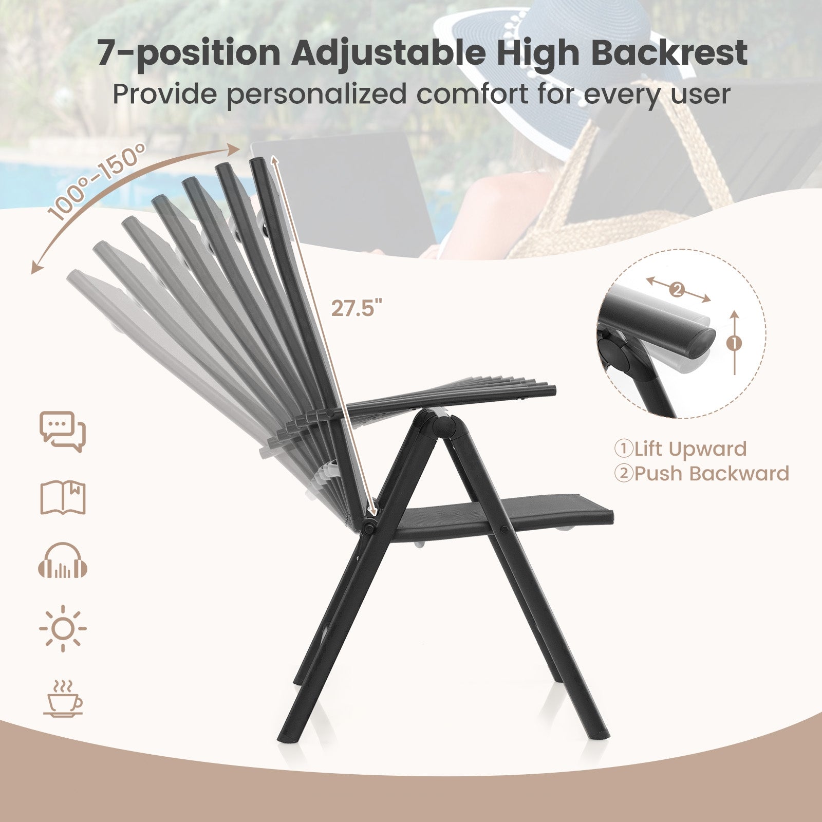 Patio Folding Dining Chairs Set of 2 with 7-Level Adjustable High Backrest, Black Beach & Lawn Chairs   at Gallery Canada