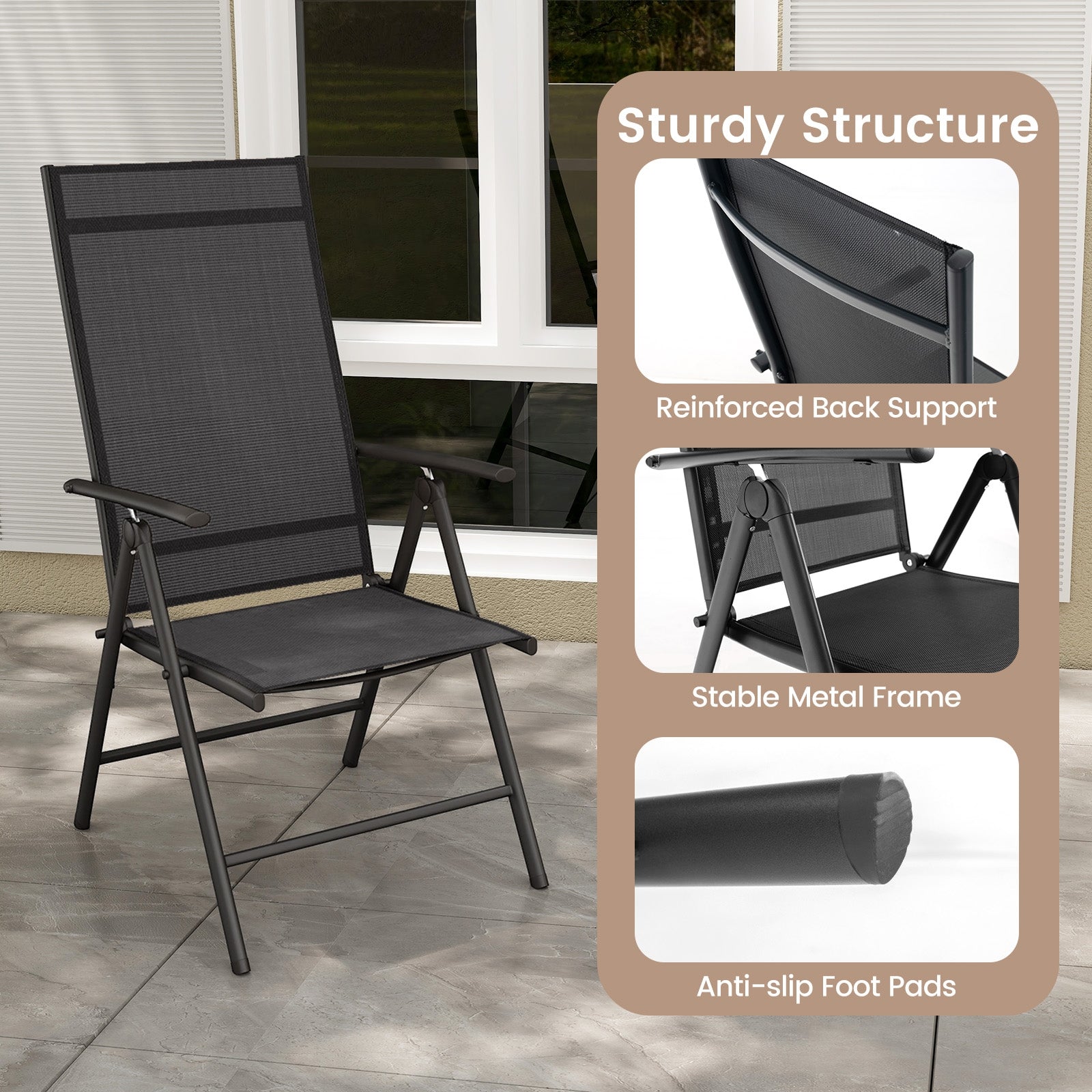 Patio Folding Dining Chairs Set of 2 with 7-Level Adjustable High Backrest, Black Beach & Lawn Chairs   at Gallery Canada