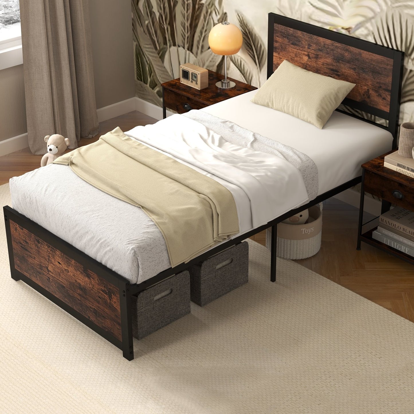 Twin Size Bed Frame Metal with High Headboard and Mute Bars-Twin Size, Rustic Brown Simple Bed Frame   at Gallery Canada