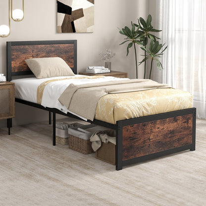 Twin Size Bed Frame Metal with High Headboard and Mute Bars-Twin Size, Rustic Brown Simple Bed Frame   at Gallery Canada