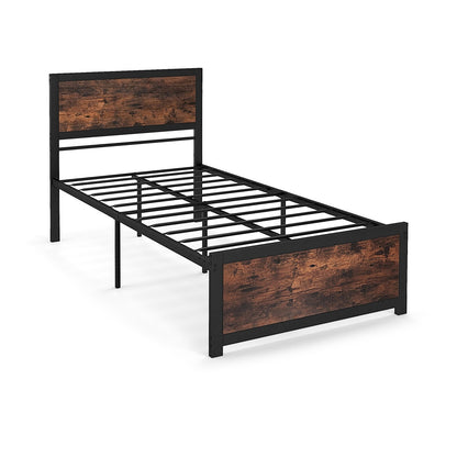 Twin Size Bed Frame Metal with High Headboard and Mute Bars-Twin Size, Rustic Brown Simple Bed Frame Rustic Brown  at Gallery Canada