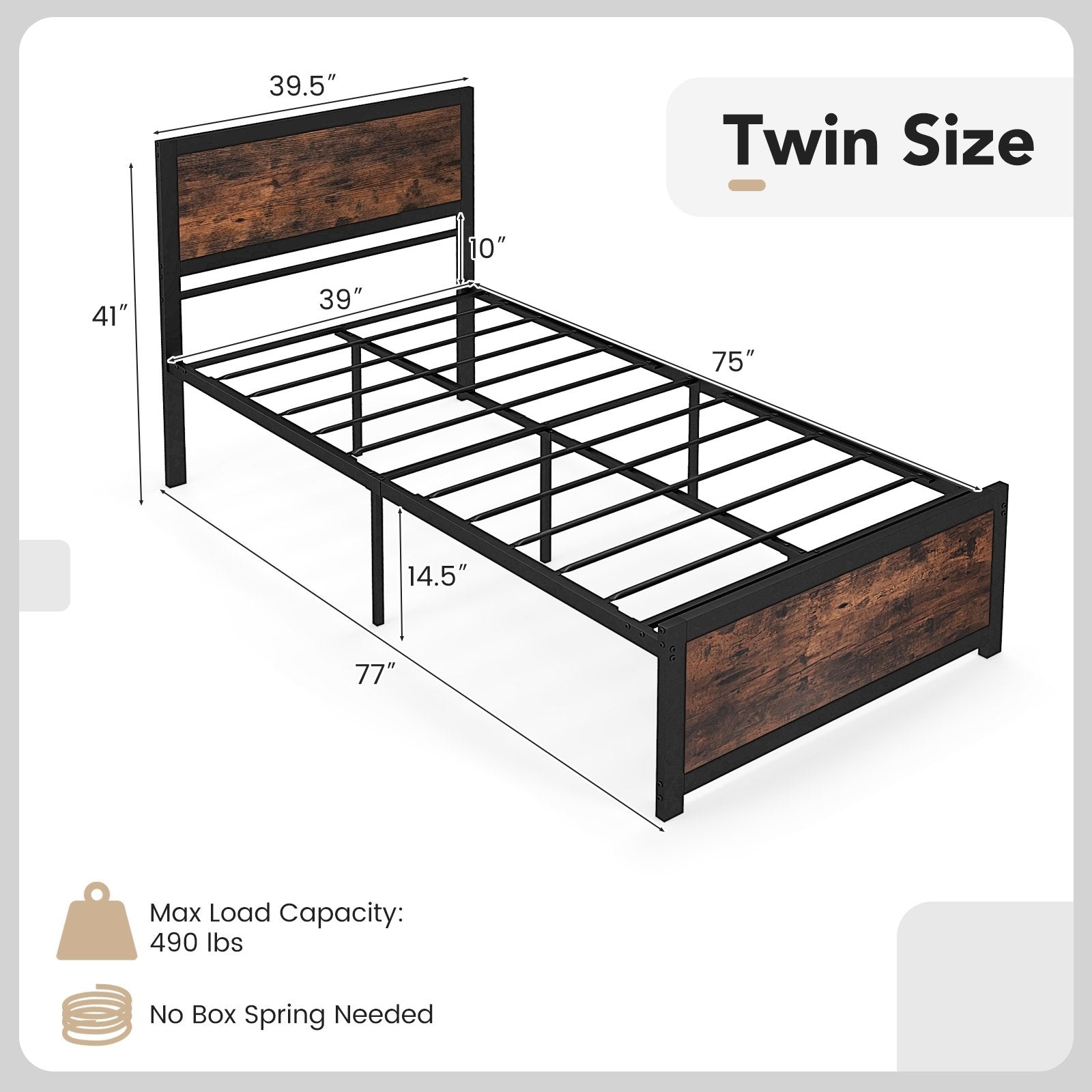 Twin Size Bed Frame Metal with High Headboard and Mute Bars-Twin Size, Rustic Brown Simple Bed Frame   at Gallery Canada