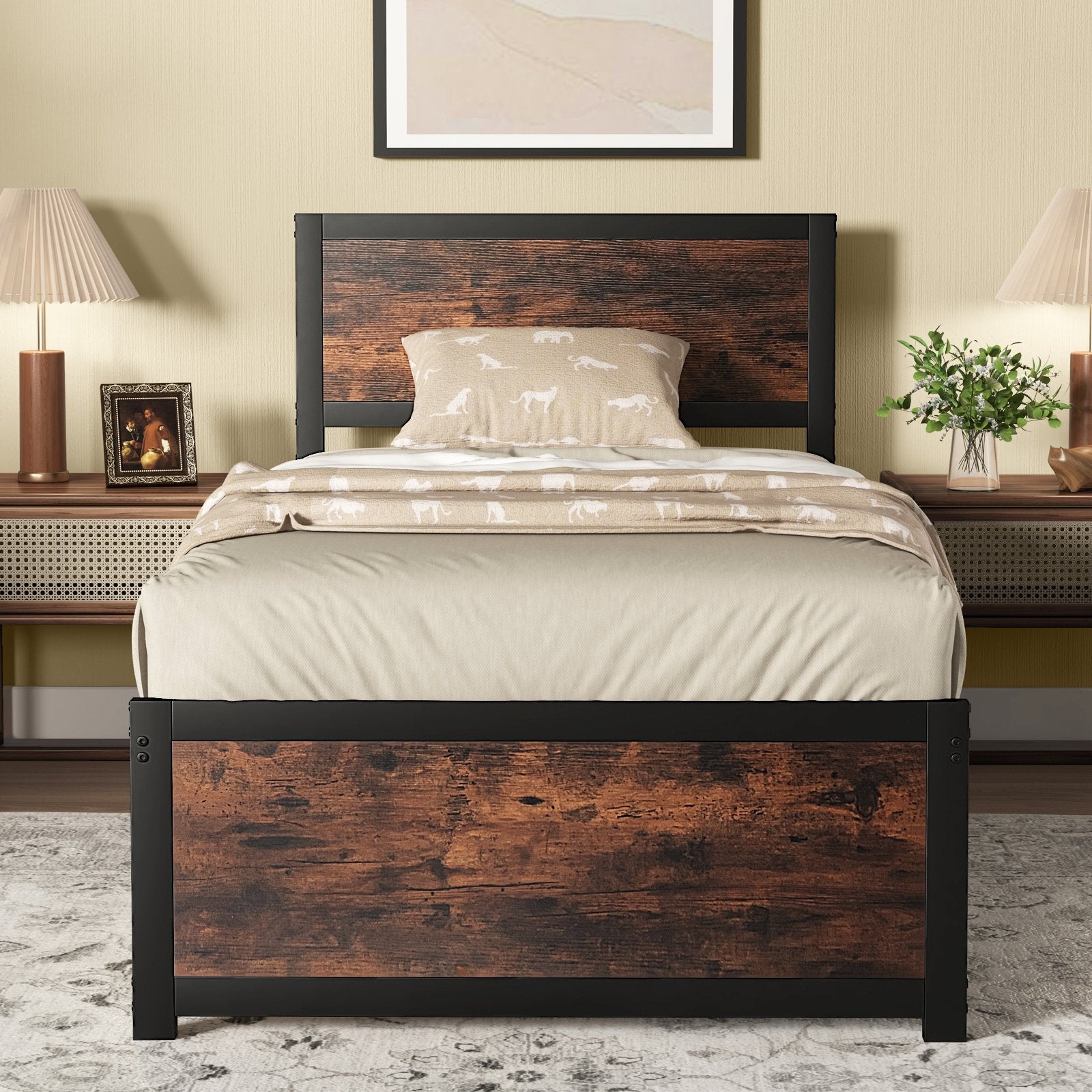 Twin Size Bed Frame Metal with High Headboard and Mute Bars-Twin Size, Rustic Brown Simple Bed Frame   at Gallery Canada