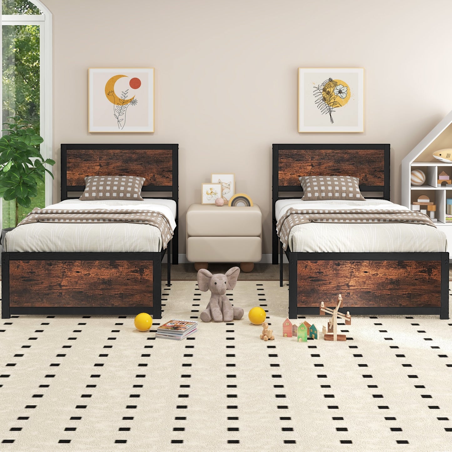 Twin Size Bed Frame Metal with High Headboard and Mute Bars-Twin Size, Rustic Brown Simple Bed Frame   at Gallery Canada