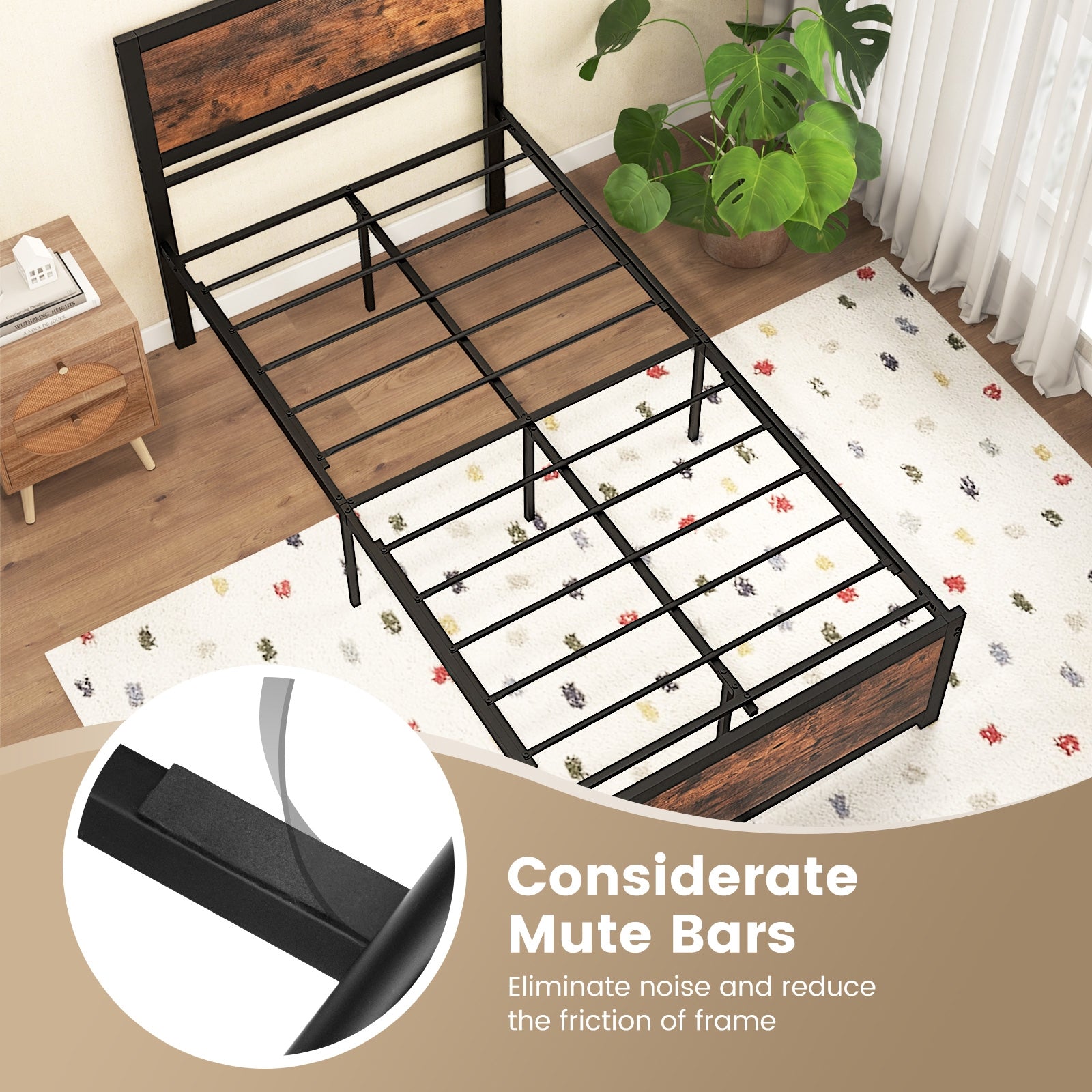 Twin Size Bed Frame Metal with High Headboard and Mute Bars-Twin Size, Rustic Brown Simple Bed Frame   at Gallery Canada