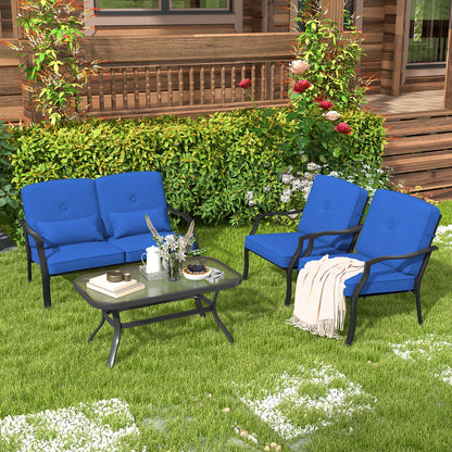 4 Pieces Outdoor Conversation Set with Seat Back Cushions and Waist Pillows, Navy Patio Conversation Sets   at Gallery Canada