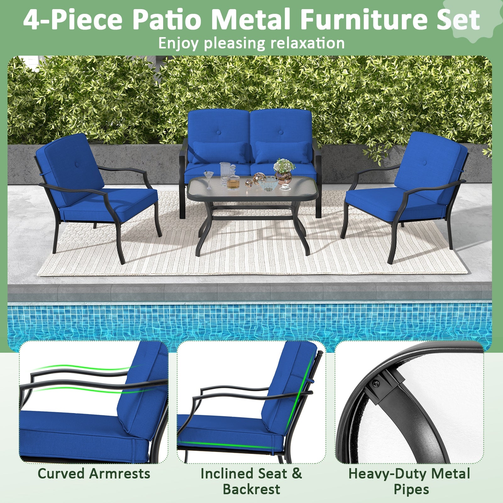 4 Pieces Outdoor Conversation Set with Seat Back Cushions and Waist Pillows, Navy Patio Conversation Sets   at Gallery Canada