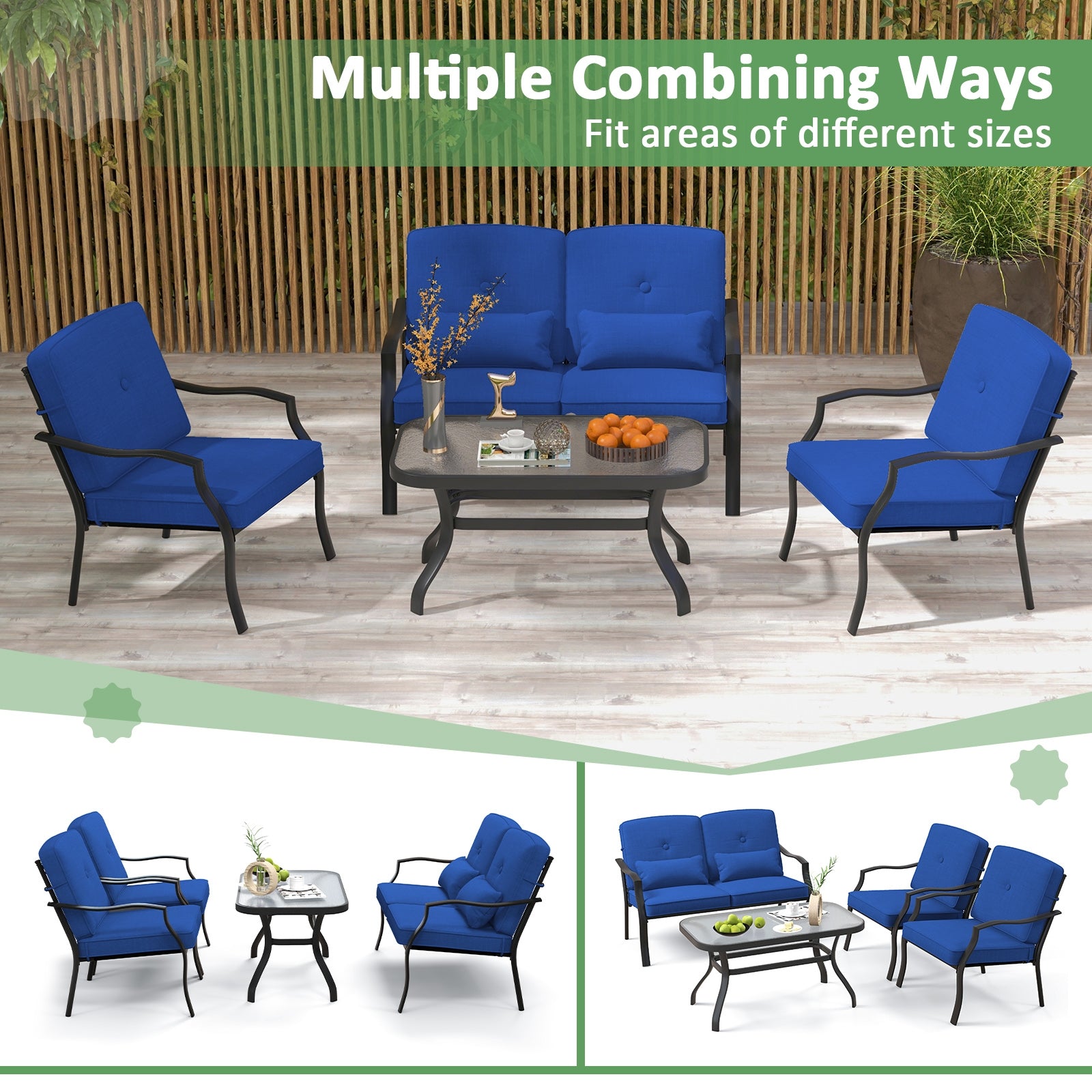 4 Pieces Outdoor Conversation Set with Seat Back Cushions and Waist Pillows, Navy Patio Conversation Sets   at Gallery Canada