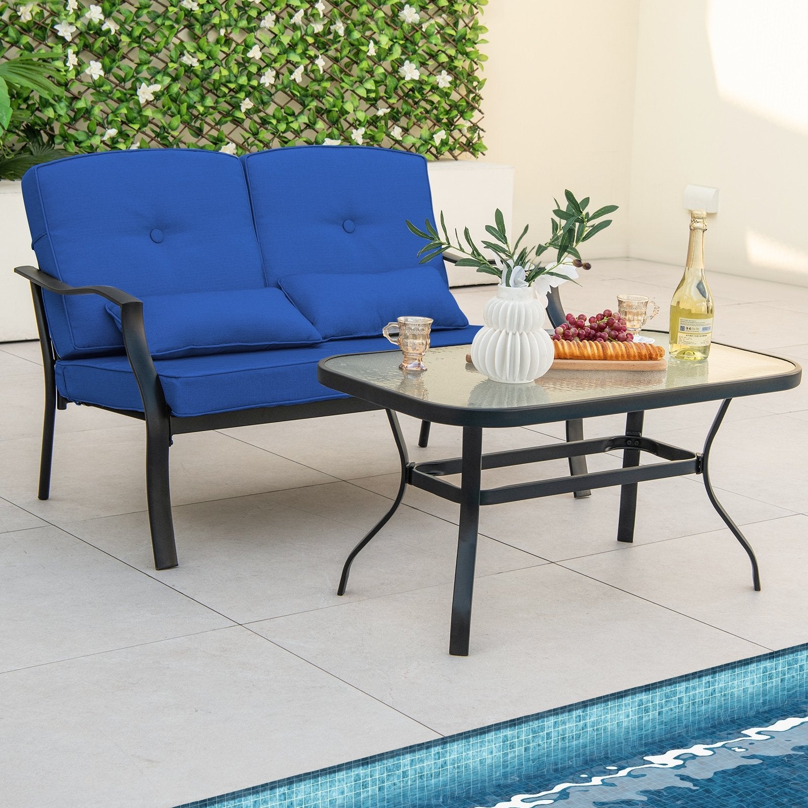 Outdoor Loveseat Chair Set with Coffee Table and Seat Back Cushions, Navy Patio Conversation Sets   at Gallery Canada