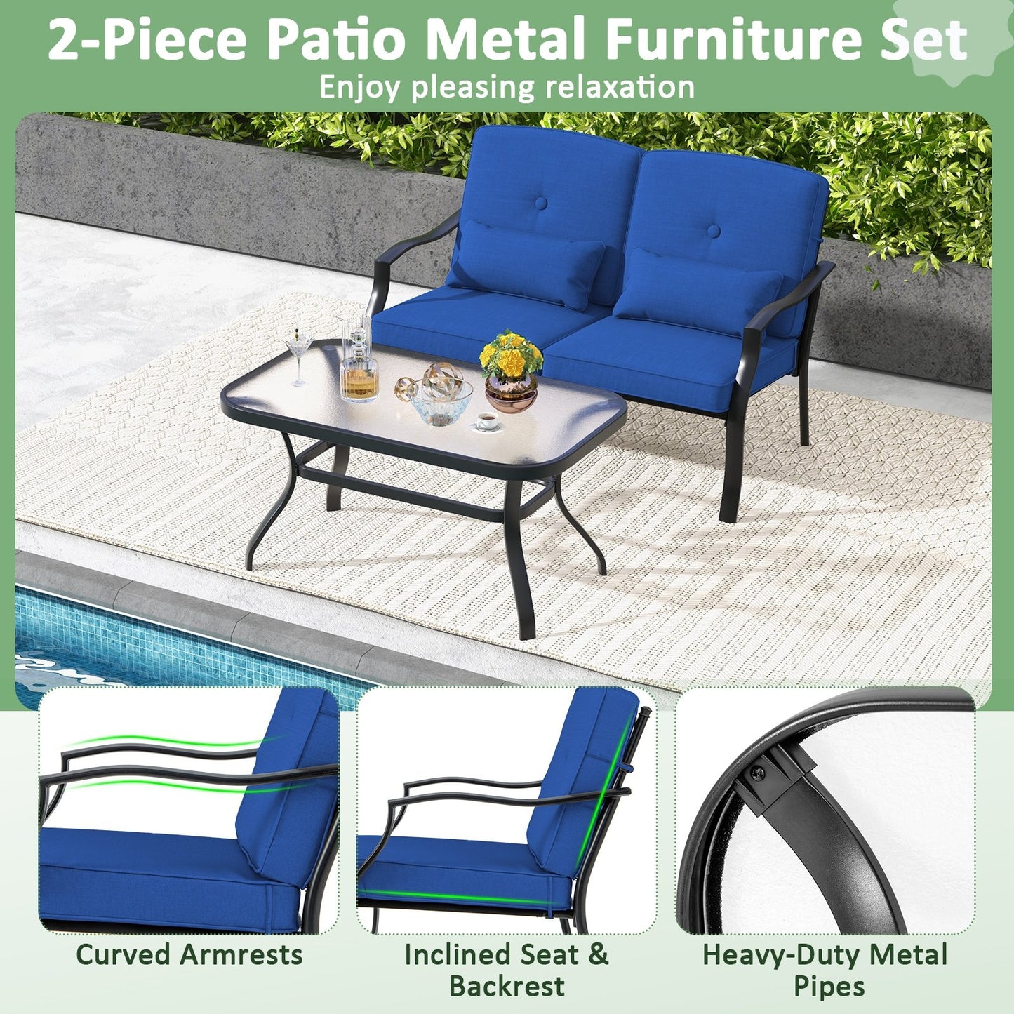 Outdoor Loveseat Chair Set with Coffee Table and Seat Back Cushions, Navy Patio Conversation Sets   at Gallery Canada