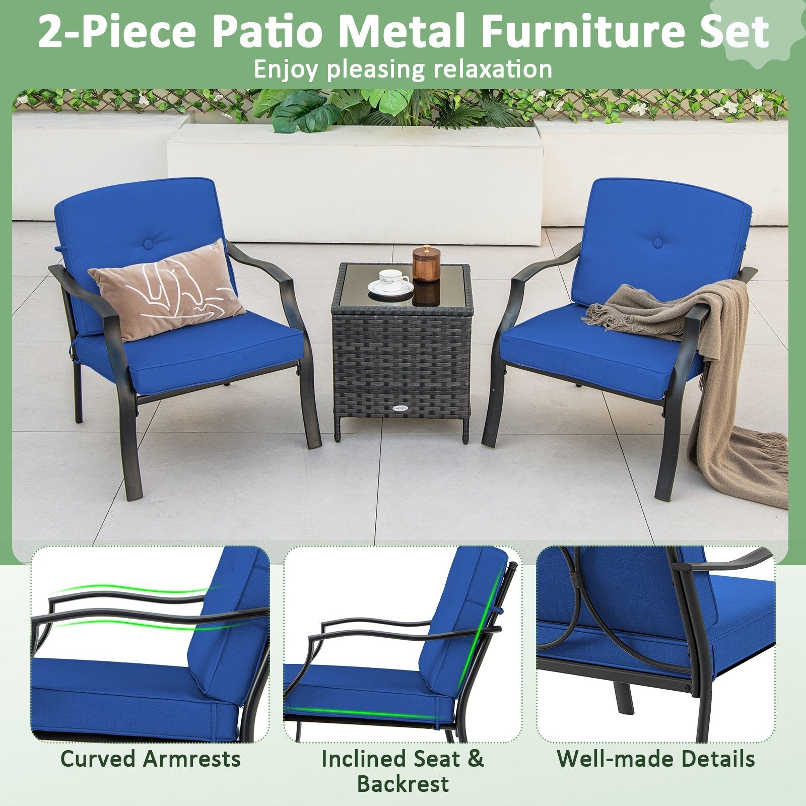 2 Pieces Patio Metal Chairs with Seat and Back Cushions for Yard, Navy Patio Dining Chairs   at Gallery Canada