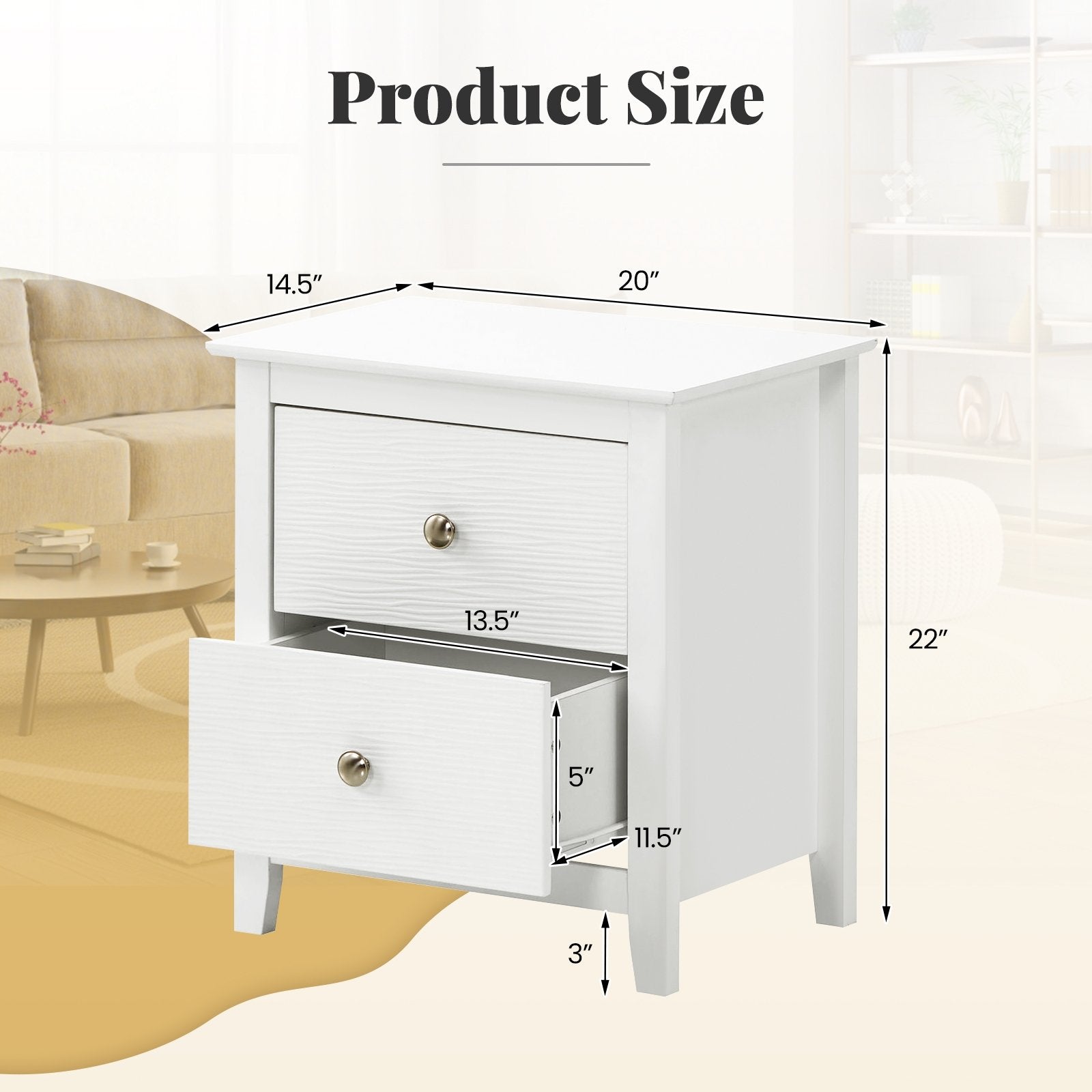 Modern Nightstand with 2 Drawers for Small Spaces, White Nightstands   at Gallery Canada