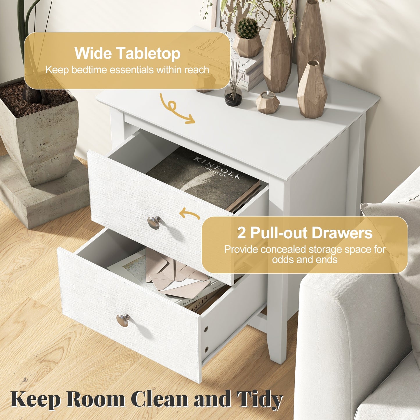 Modern Nightstand with 2 Drawers for Small Spaces, White Nightstands   at Gallery Canada