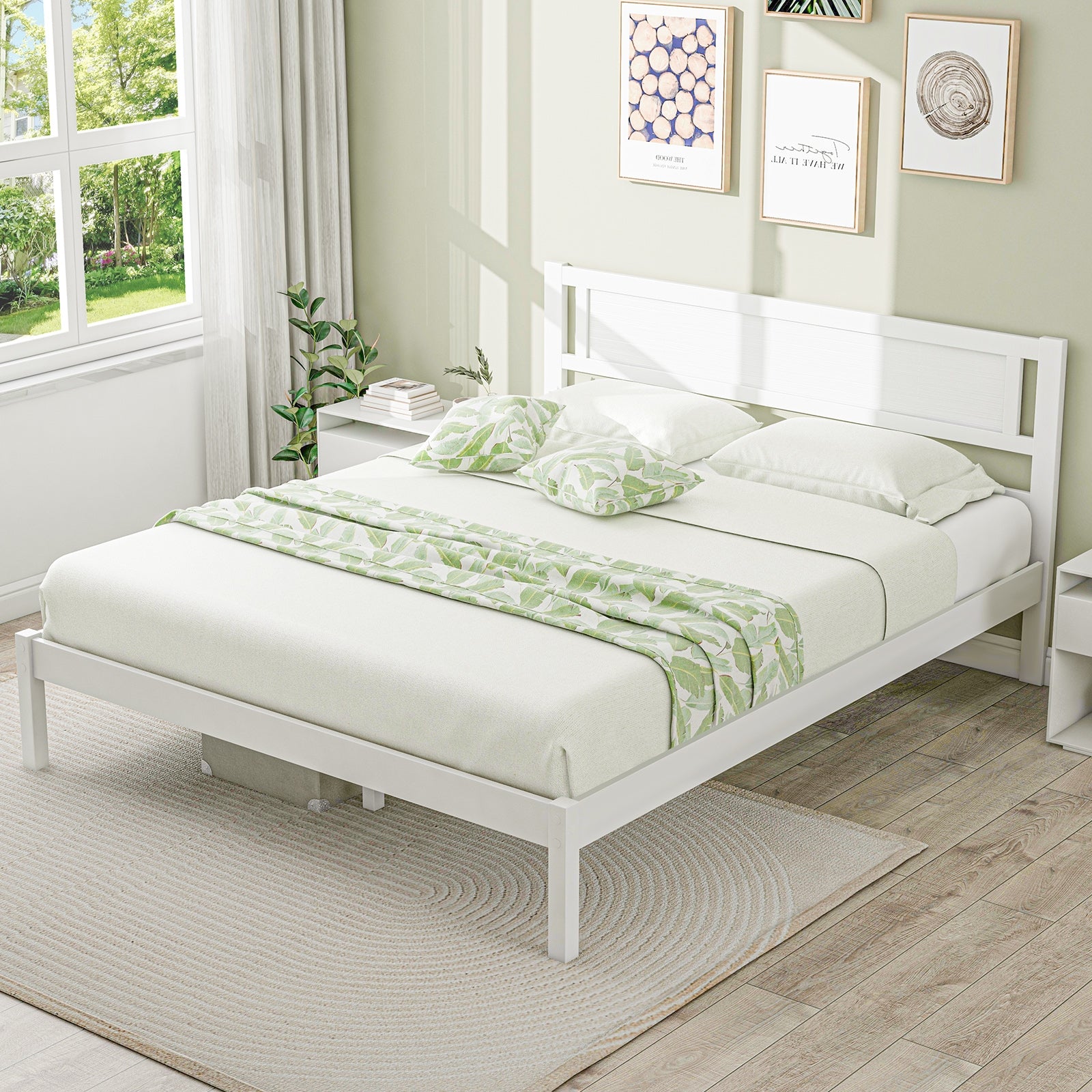 Twin/Full/Queen Size Wood Bed Frame with Headboard and Wooden Slats Support-Queen, White Simple Bed Frame   at Gallery Canada