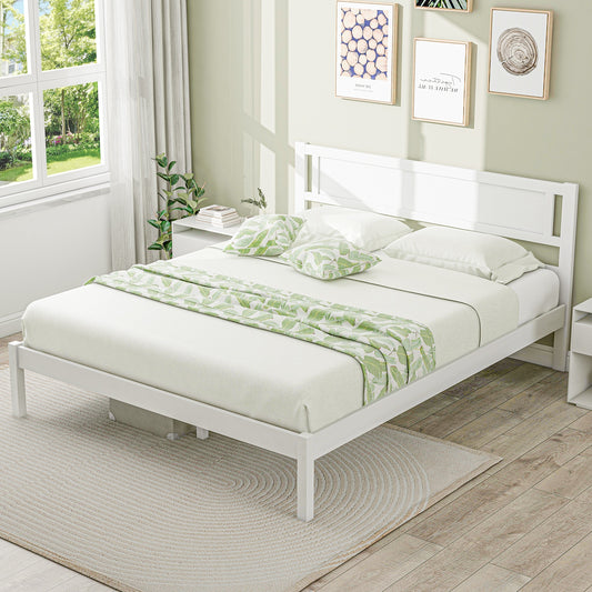 Twin/Full/Queen Size Wood Bed Frame with Headboard and Wooden Slats Support-Queen, White Simple Bed Frame White  at Gallery Canada