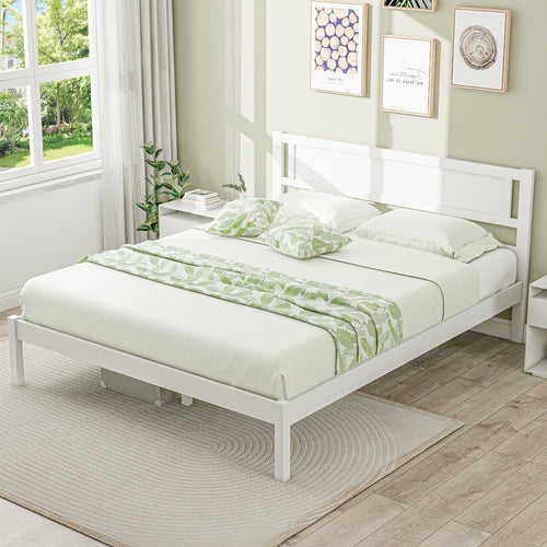 Twin/Full/Queen Size Wood Bed Frame with Headboard and Wooden Slats Support-Queen, White