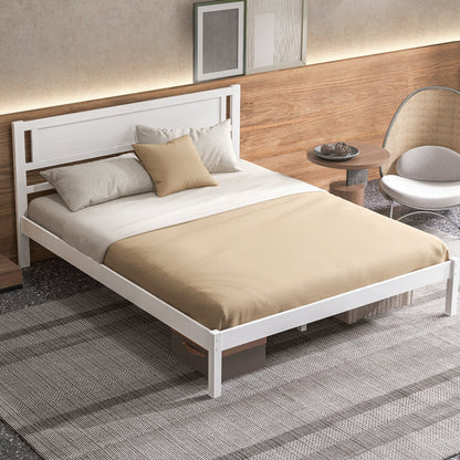 Twin/Full/Queen Size Wood Bed Frame with Headboard and Wooden Slats Support-Queen, White Simple Bed Frame   at Gallery Canada