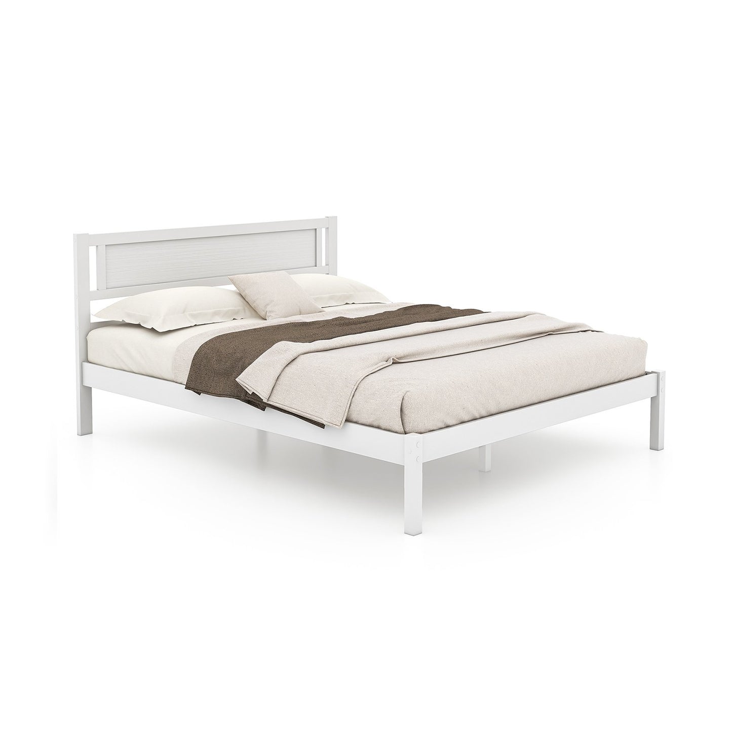 Twin/Full/Queen Size Wood Bed Frame with Headboard and Wooden Slats Support-Queen, White Simple Bed Frame White  at Gallery Canada