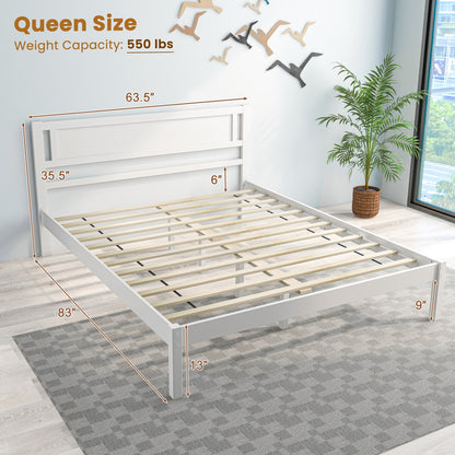 Twin/Full/Queen Size Wood Bed Frame with Headboard and Wooden Slats Support-Queen, White Simple Bed Frame   at Gallery Canada